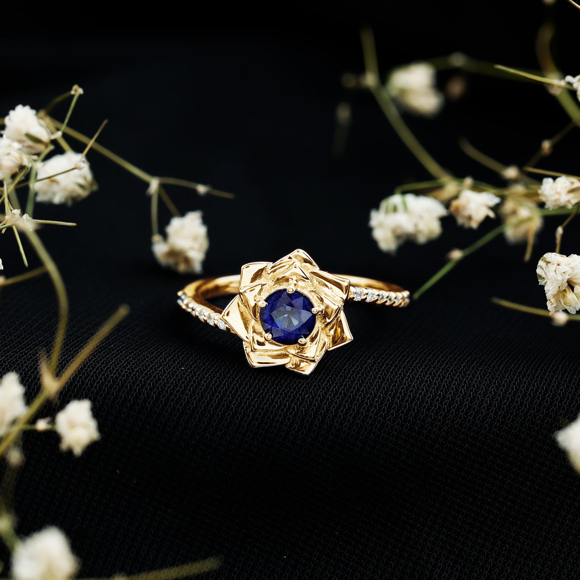 Real 0.9 Carat Blue Sapphire Rose Flower Engagement Ring with Diamond Bypass Shank AAA - Rosec Jewels