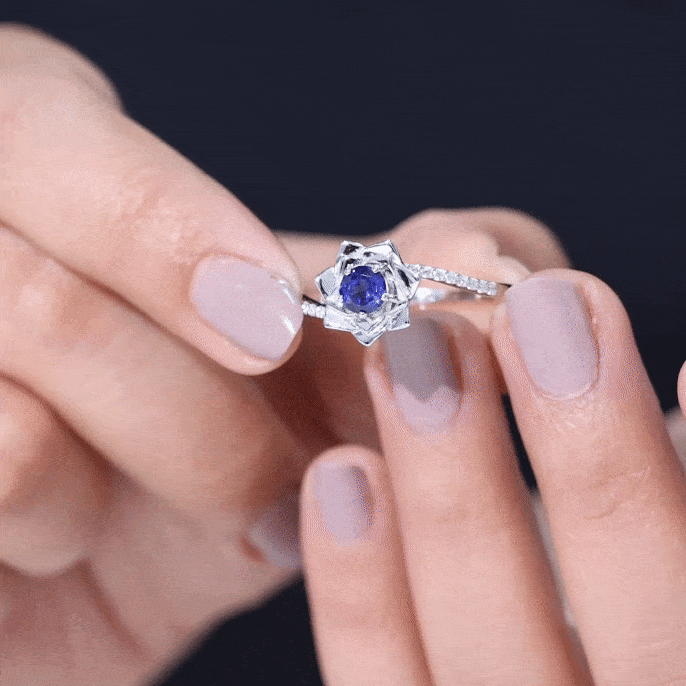 Lab Grown Blue Sapphire and Diamond Flower Bypass Ring AAAA - Rosec Jewels