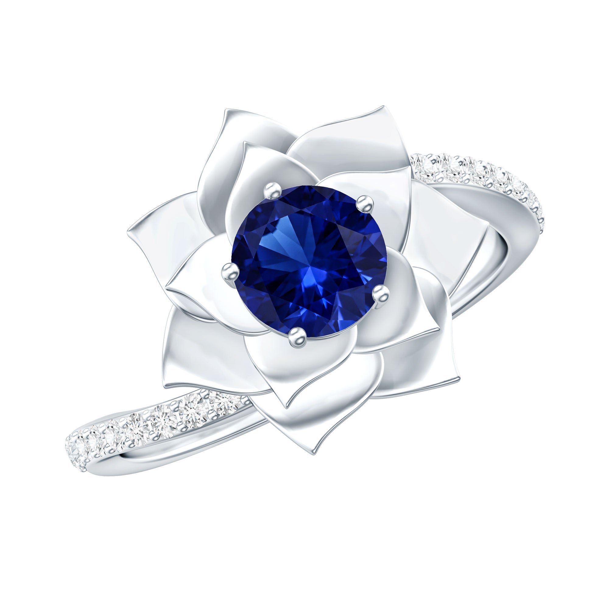 Lab Grown Blue Sapphire and Diamond Flower Bypass Ring AAAA - Rosec Jewels