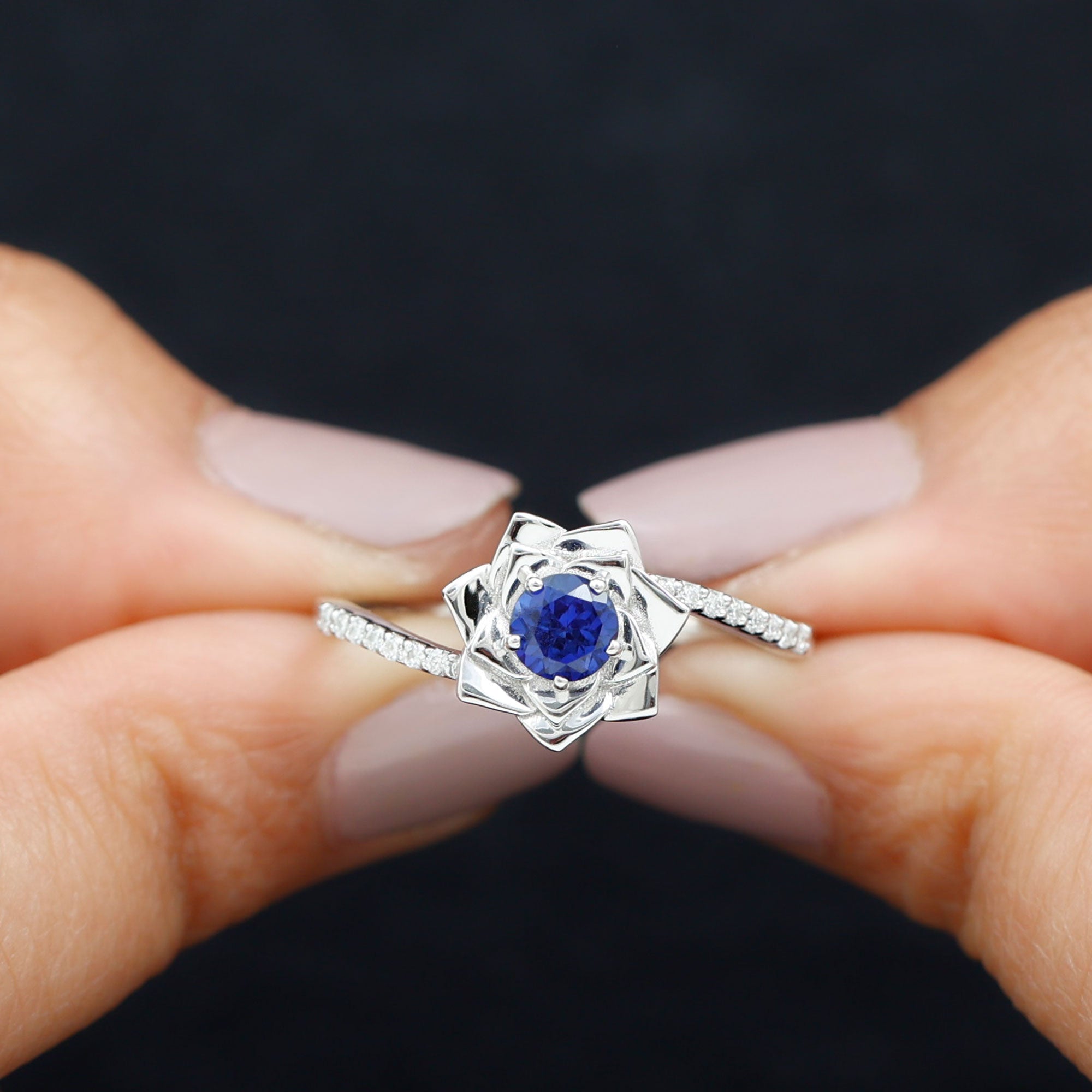 Lab Grown Blue Sapphire and Diamond Flower Bypass Ring AAAA - Rosec Jewels