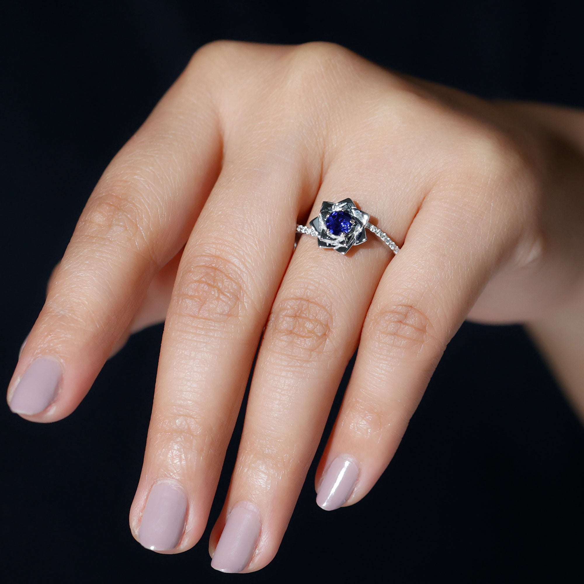 Lab Grown Blue Sapphire and Diamond Flower Bypass Ring AAAA - Rosec Jewels