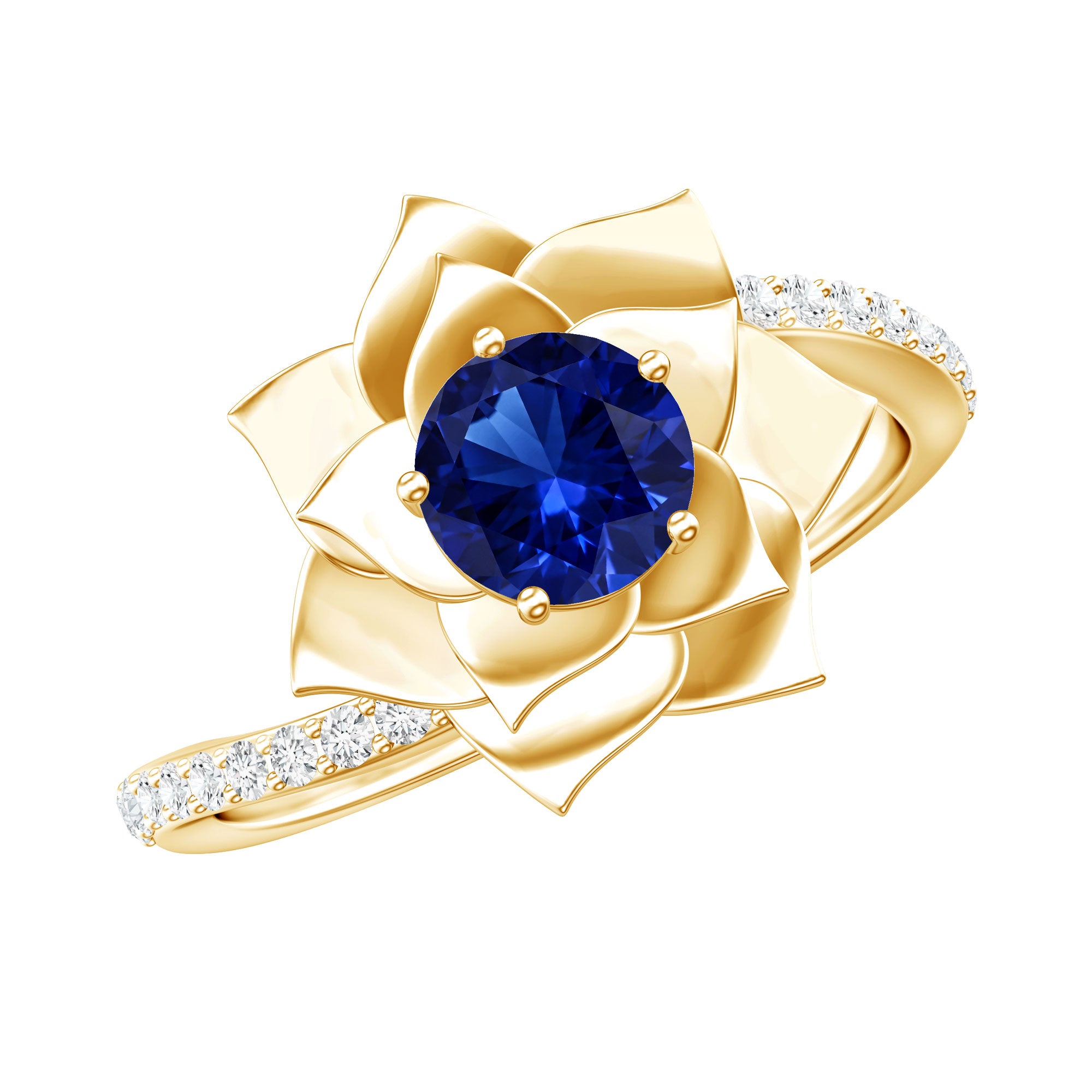 Lab Grown Blue Sapphire and Diamond Flower Bypass Ring AAAA - Rosec Jewels