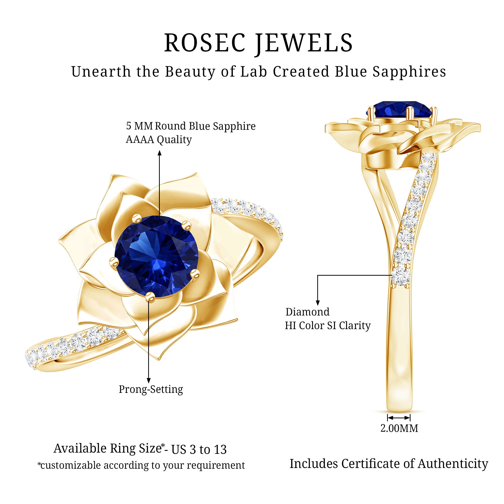 Lab Grown Blue Sapphire and Diamond Flower Bypass Ring AAAA - Rosec Jewels