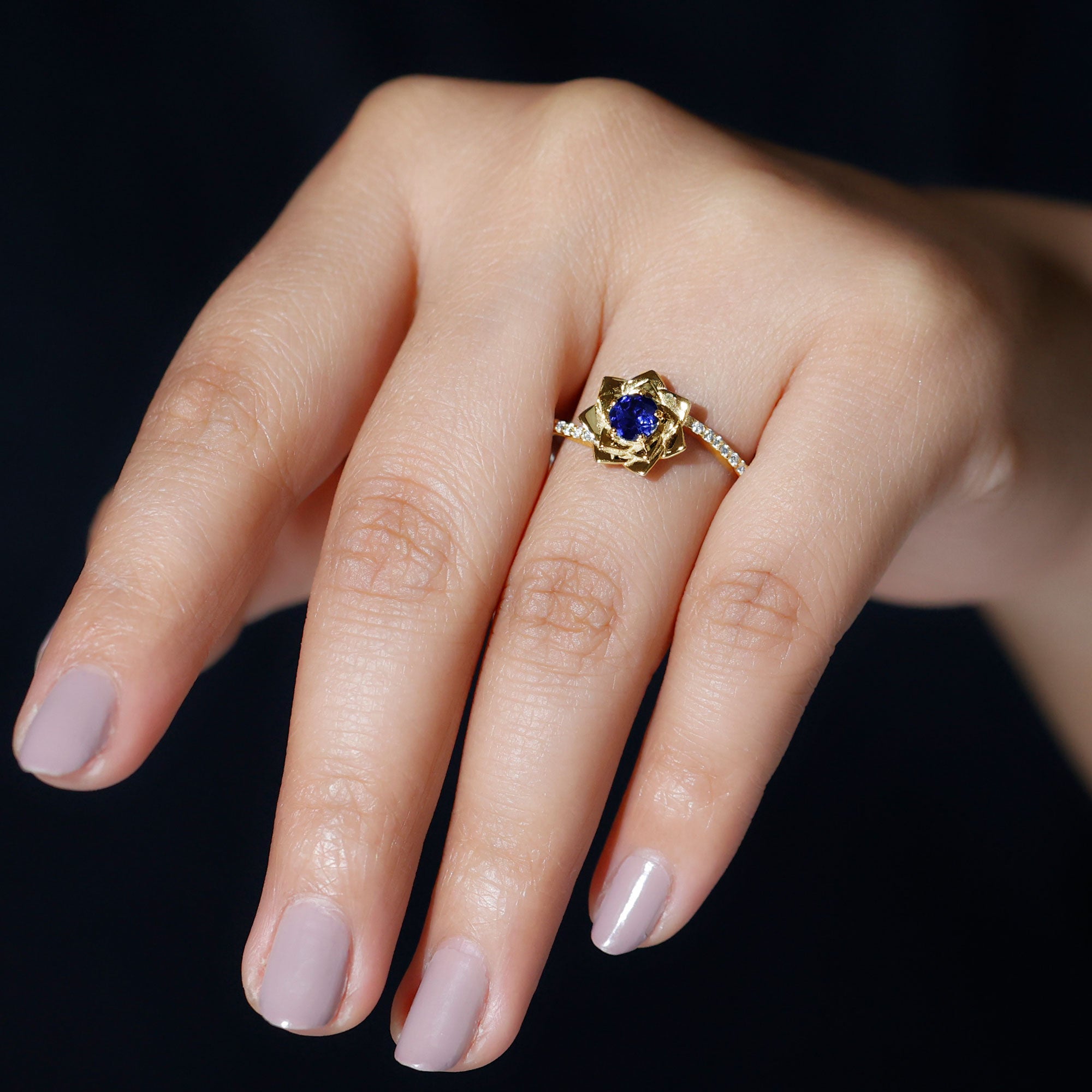 Lab Grown Blue Sapphire and Diamond Flower Bypass Ring AAAA - Rosec Jewels