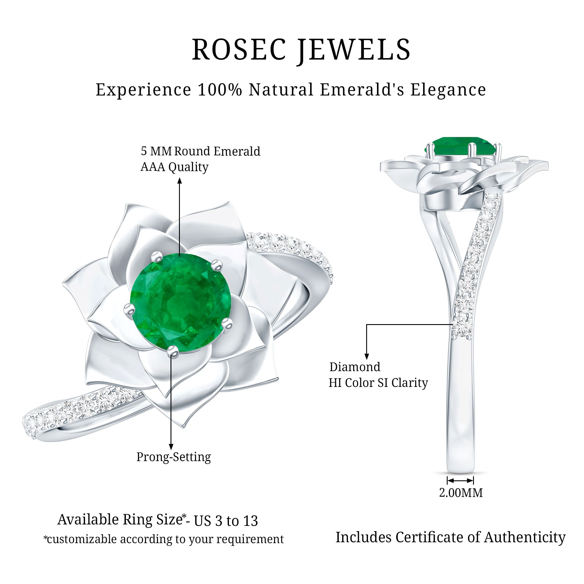 Certified Real Emerald Flower Engagement Ring with Diamond Bypass Shank AAA - Rosec Jewels