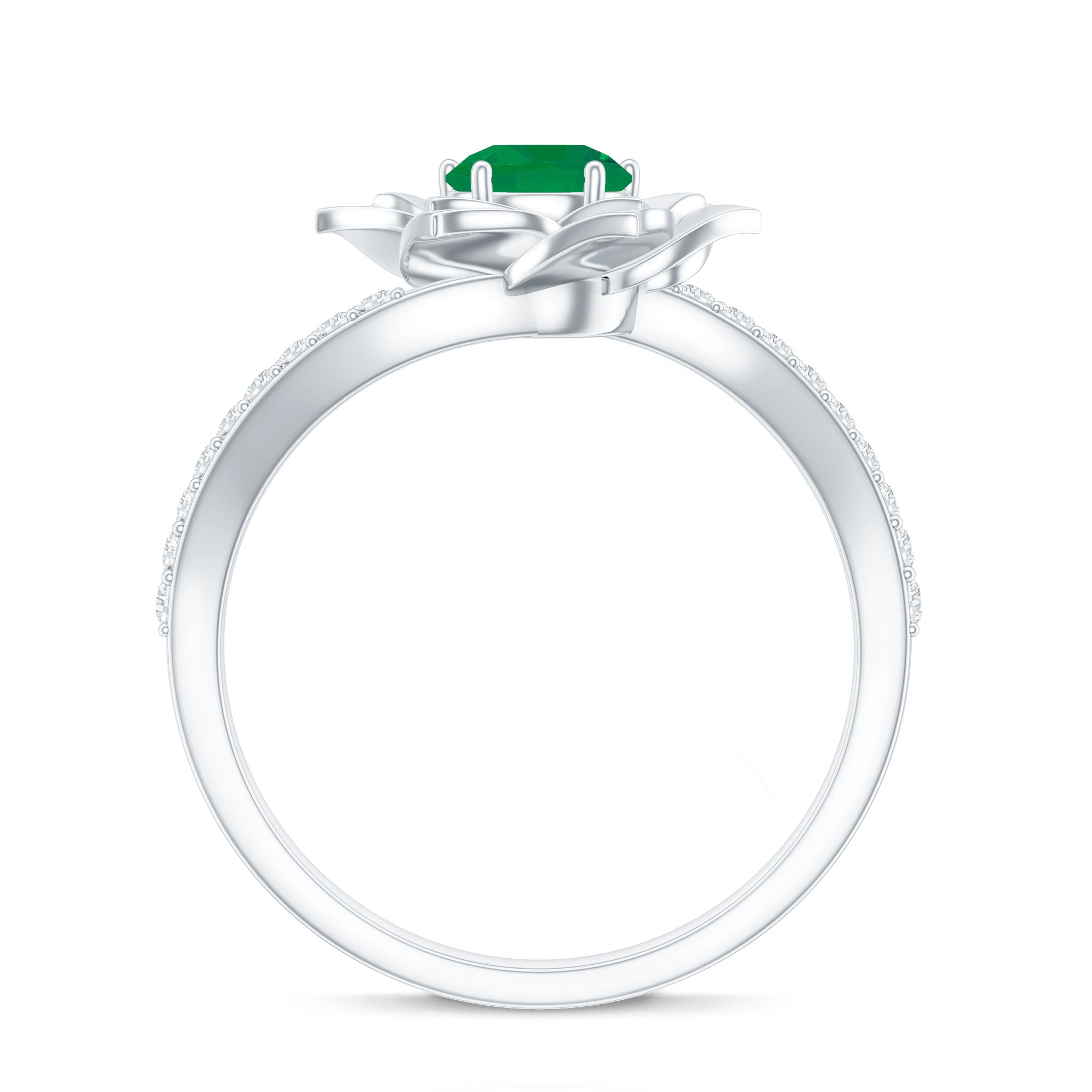 Certified Real Emerald Flower Engagement Ring with Diamond Bypass Shank AAA - Rosec Jewels