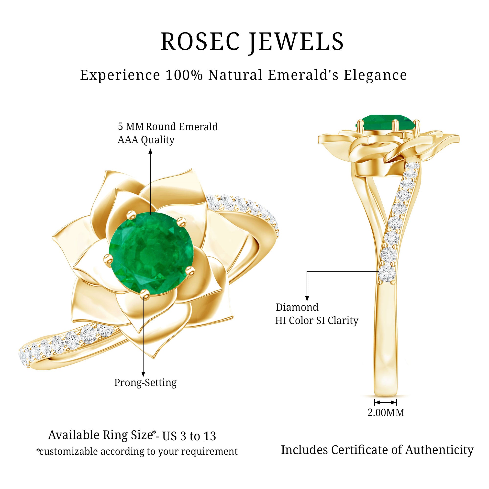 Certified Real Emerald Flower Engagement Ring with Diamond Bypass Shank AAA - Rosec Jewels
