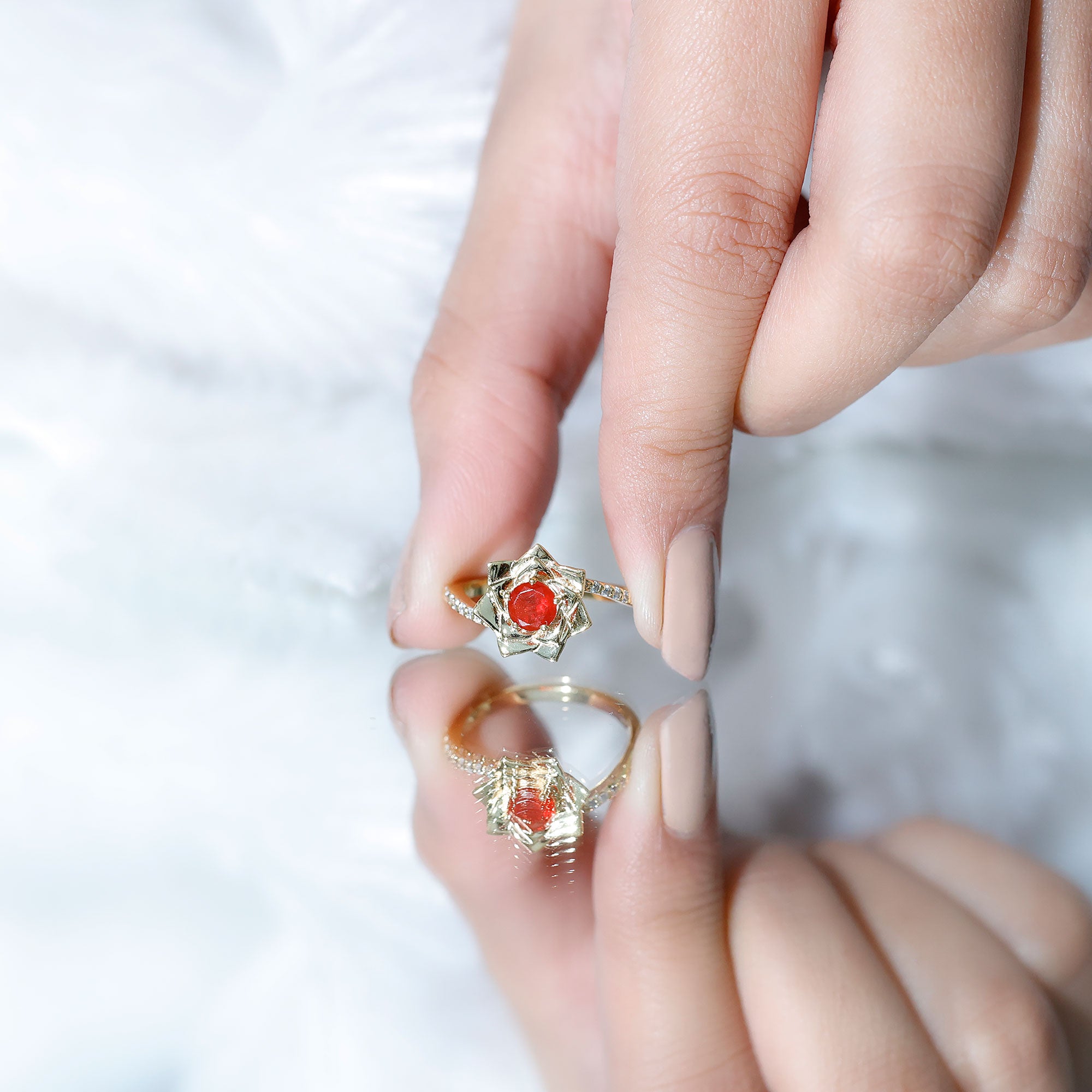 Rosec Jewels-Flower Inspired Fire Opal Engagement Ring with Diamond