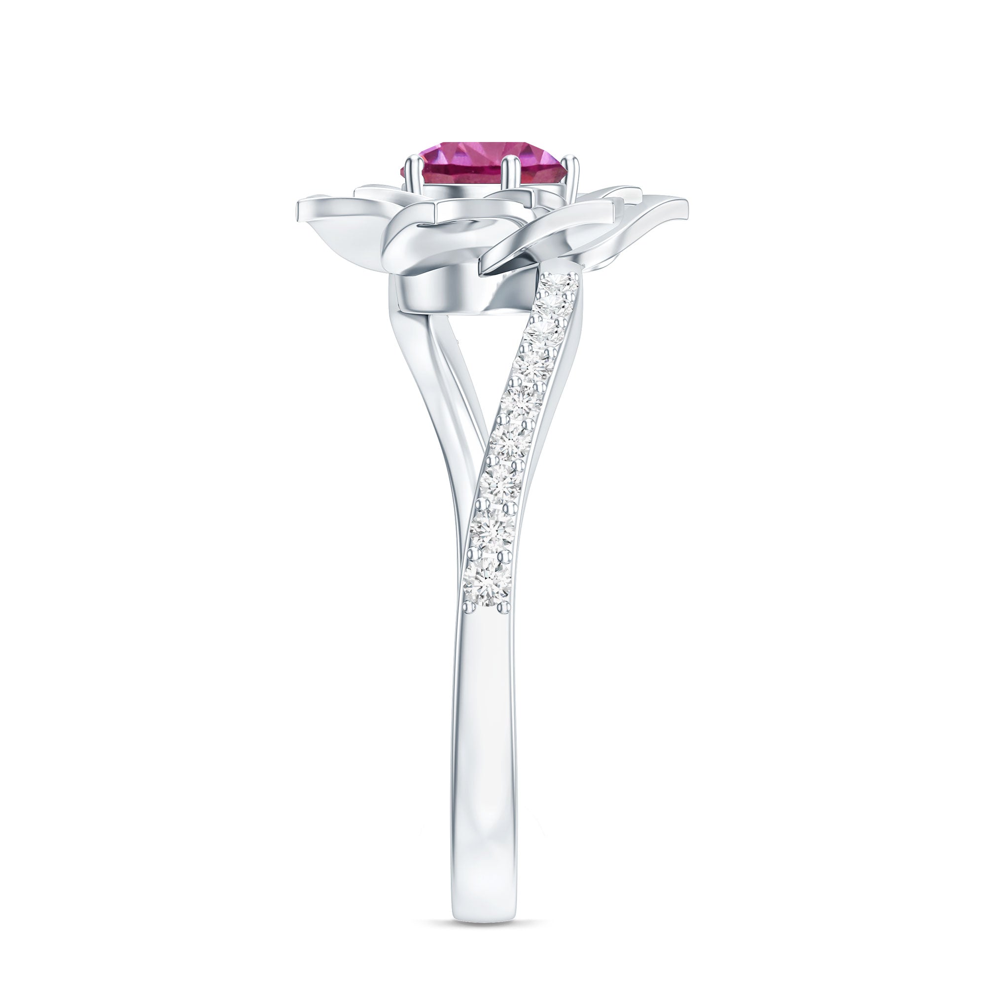 Pink Tourmaline and Diamond Flower Engagement Ring with Bypass Shank AAA - Rosec Jewels