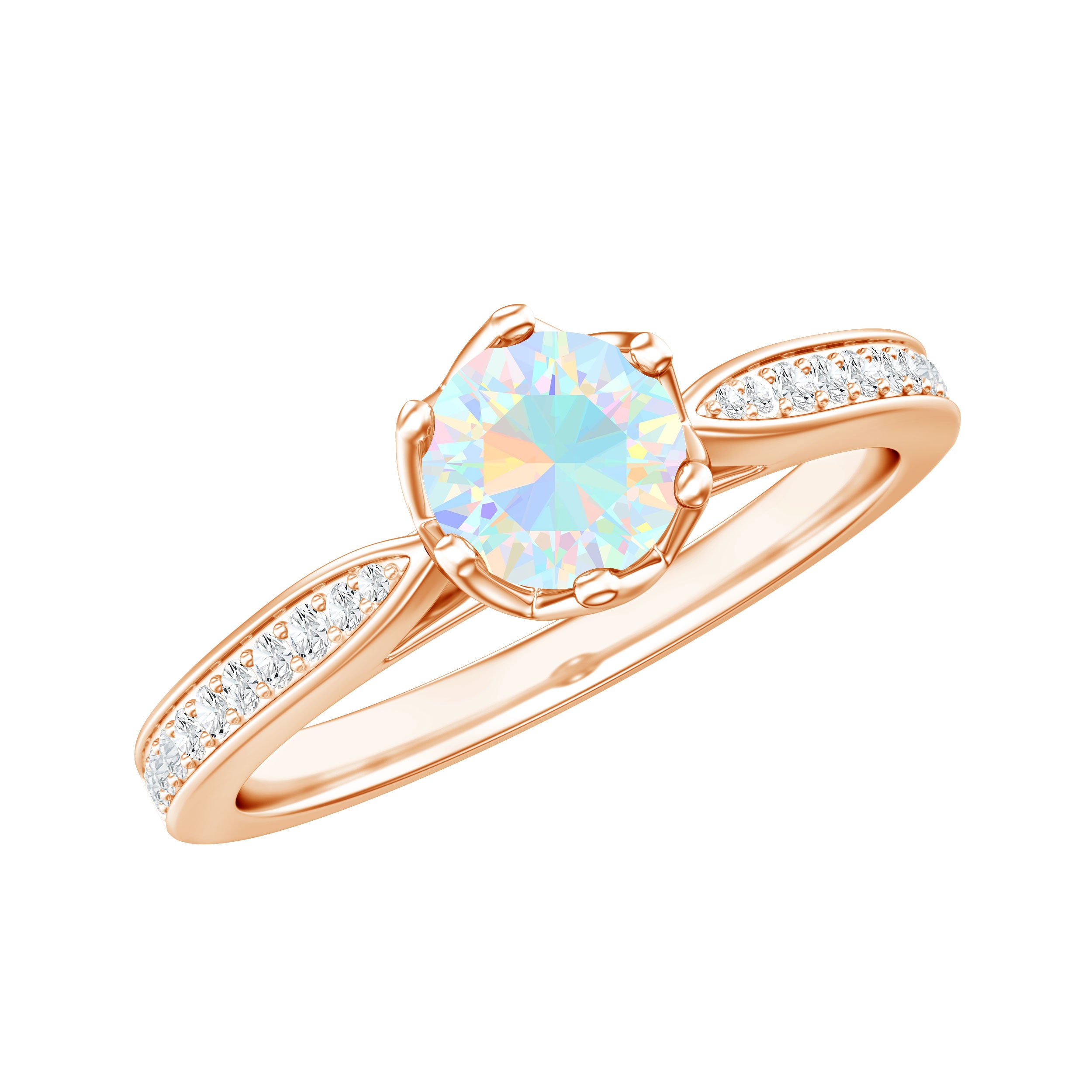 Genuine Ethiopian Rainbow Opal Engagement Ring with Diamond Side Stones AAA - Rosec Jewels