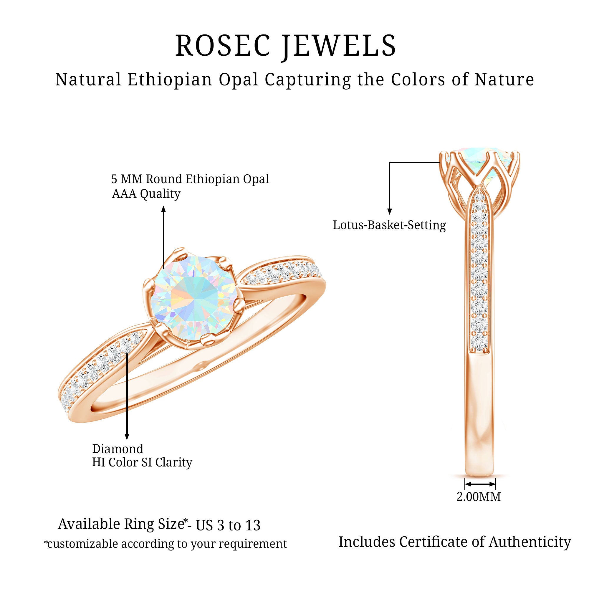 Genuine Ethiopian Rainbow Opal Engagement Ring with Diamond Side Stones AAA - Rosec Jewels