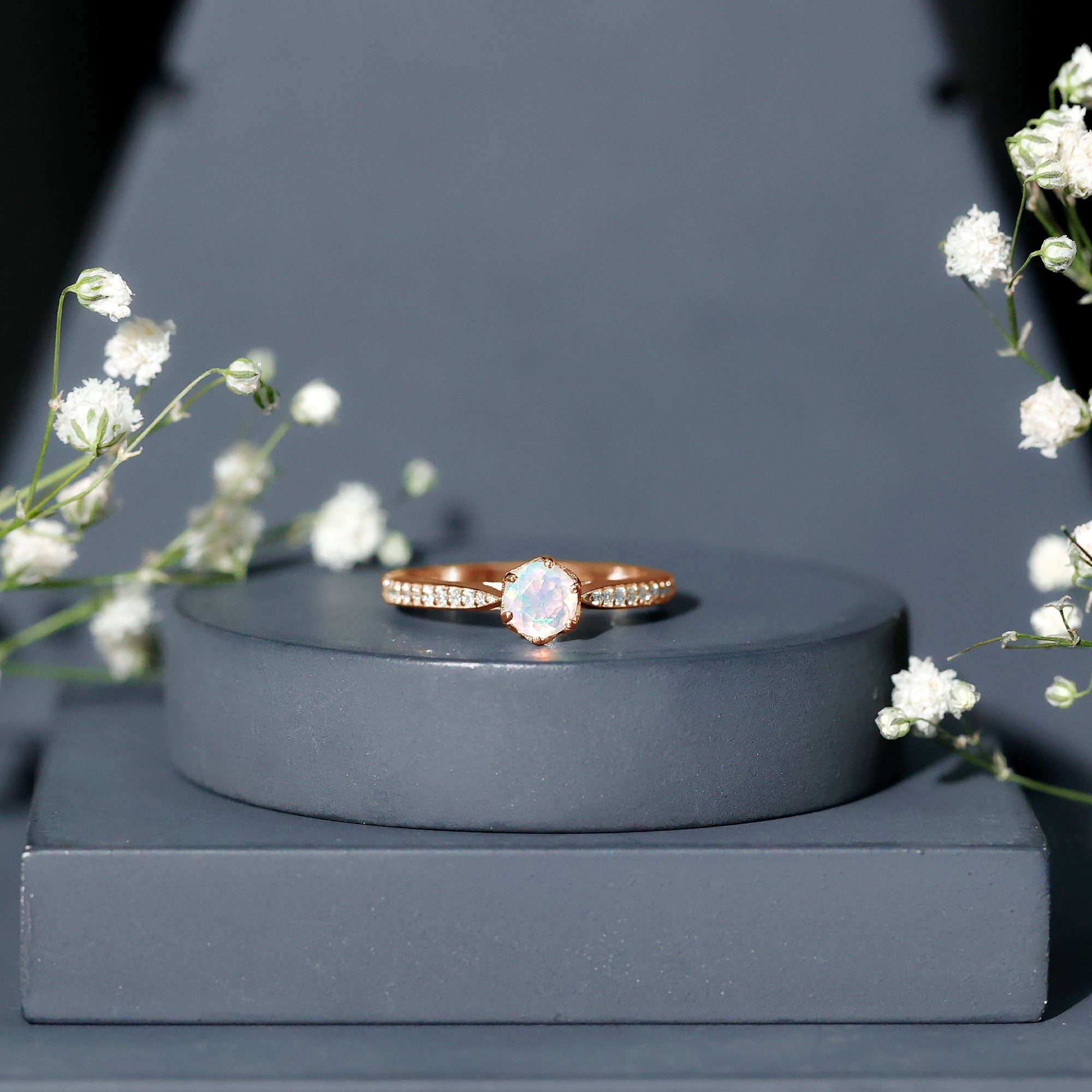 Genuine Ethiopian Rainbow Opal Engagement Ring with Diamond Side Stones AAA - Rosec Jewels