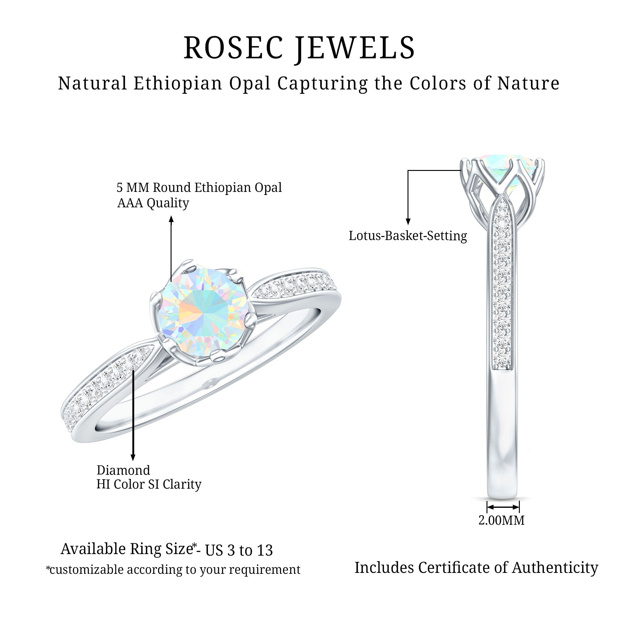 Genuine Ethiopian Rainbow Opal Engagement Ring with Diamond Side Stones AAA - Rosec Jewels