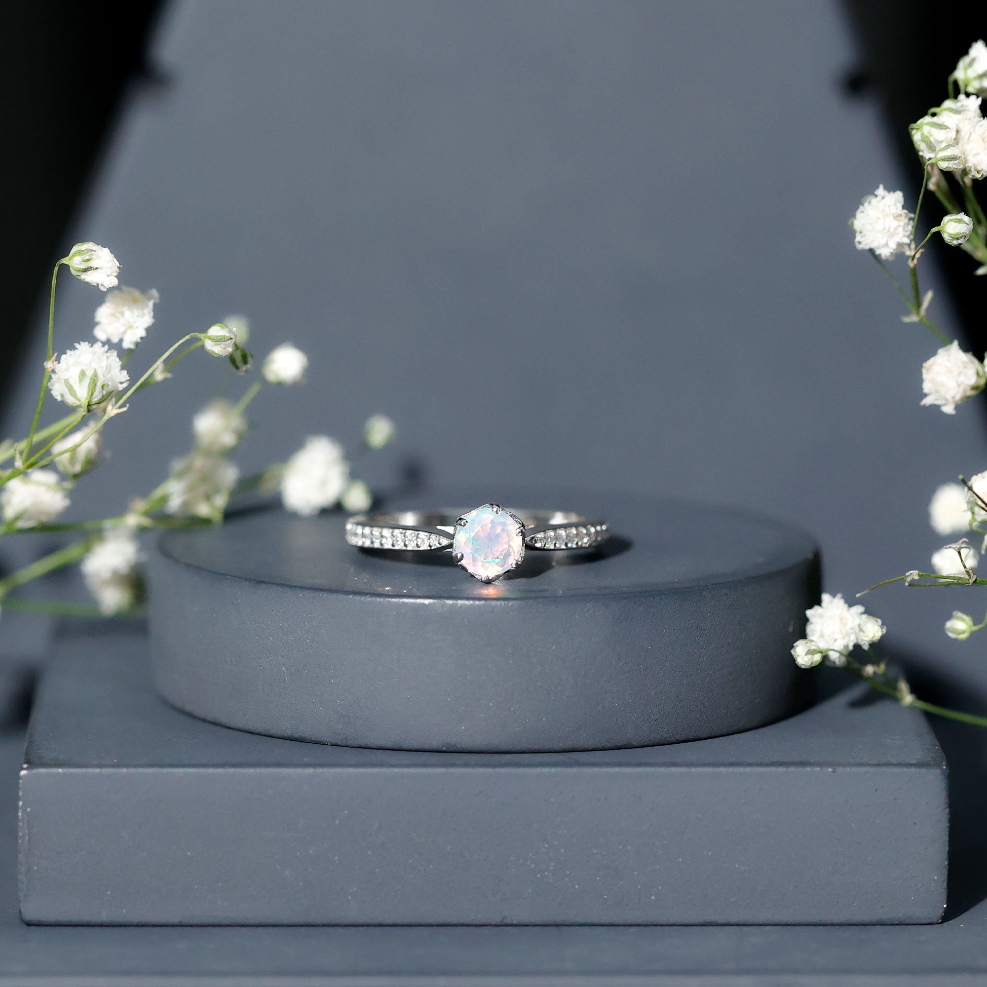 Genuine Ethiopian Rainbow Opal Engagement Ring with Diamond Side Stones AAA - Rosec Jewels