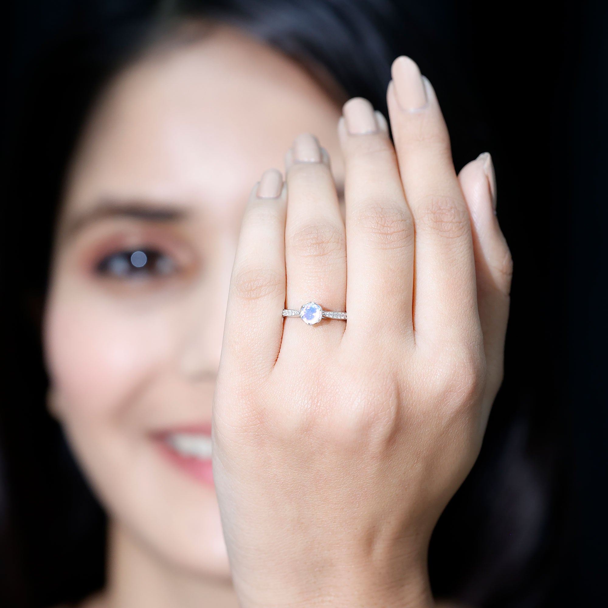 Genuine Ethiopian Rainbow Opal Engagement Ring with Diamond Side Stones AAA - Rosec Jewels