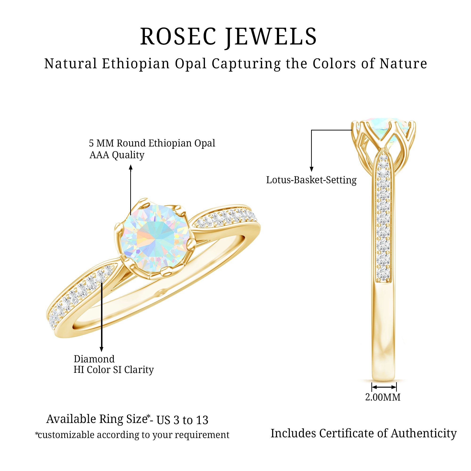 Genuine Ethiopian Rainbow Opal Engagement Ring with Diamond Side Stones AAA - Rosec Jewels