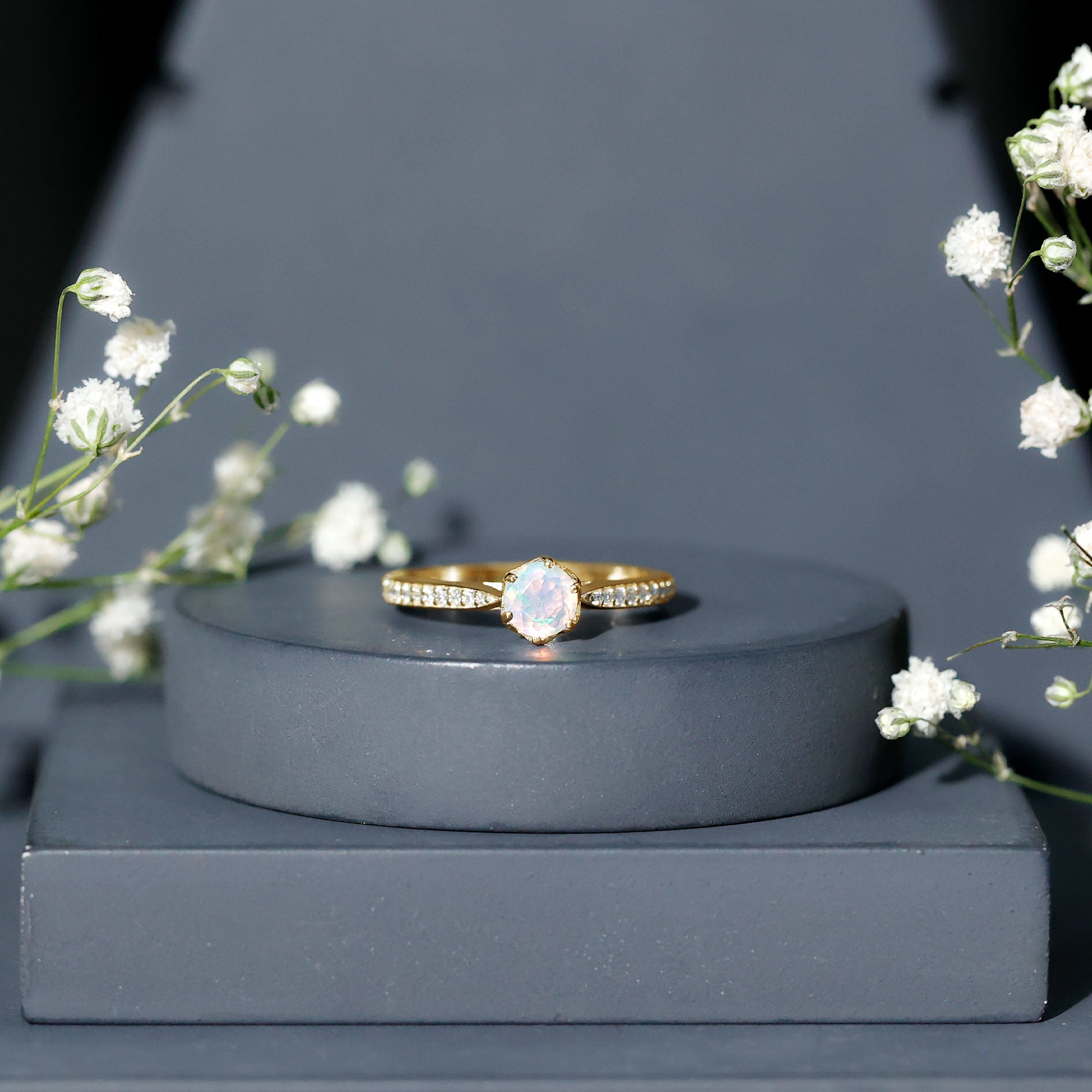 Genuine Ethiopian Rainbow Opal Engagement Ring with Diamond Side Stones AAA - Rosec Jewels