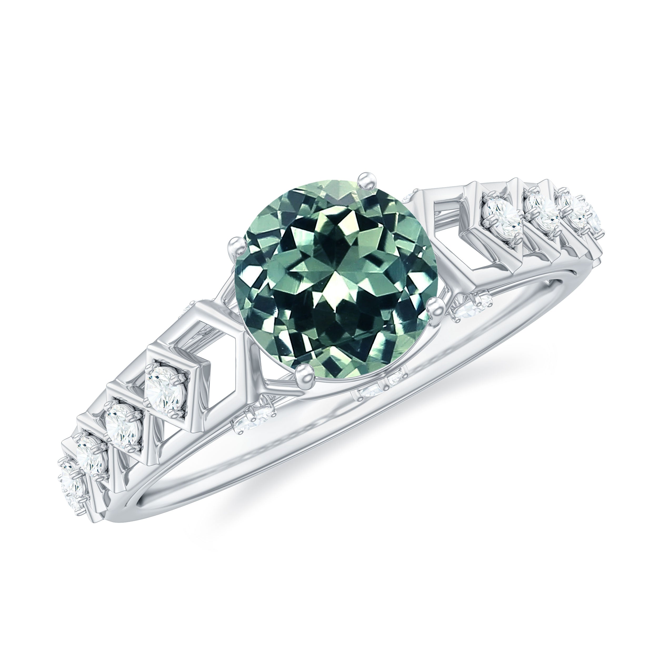 2.25 Carat Lab Created Green Sapphire Art Deco Engagement Ring with Diamond