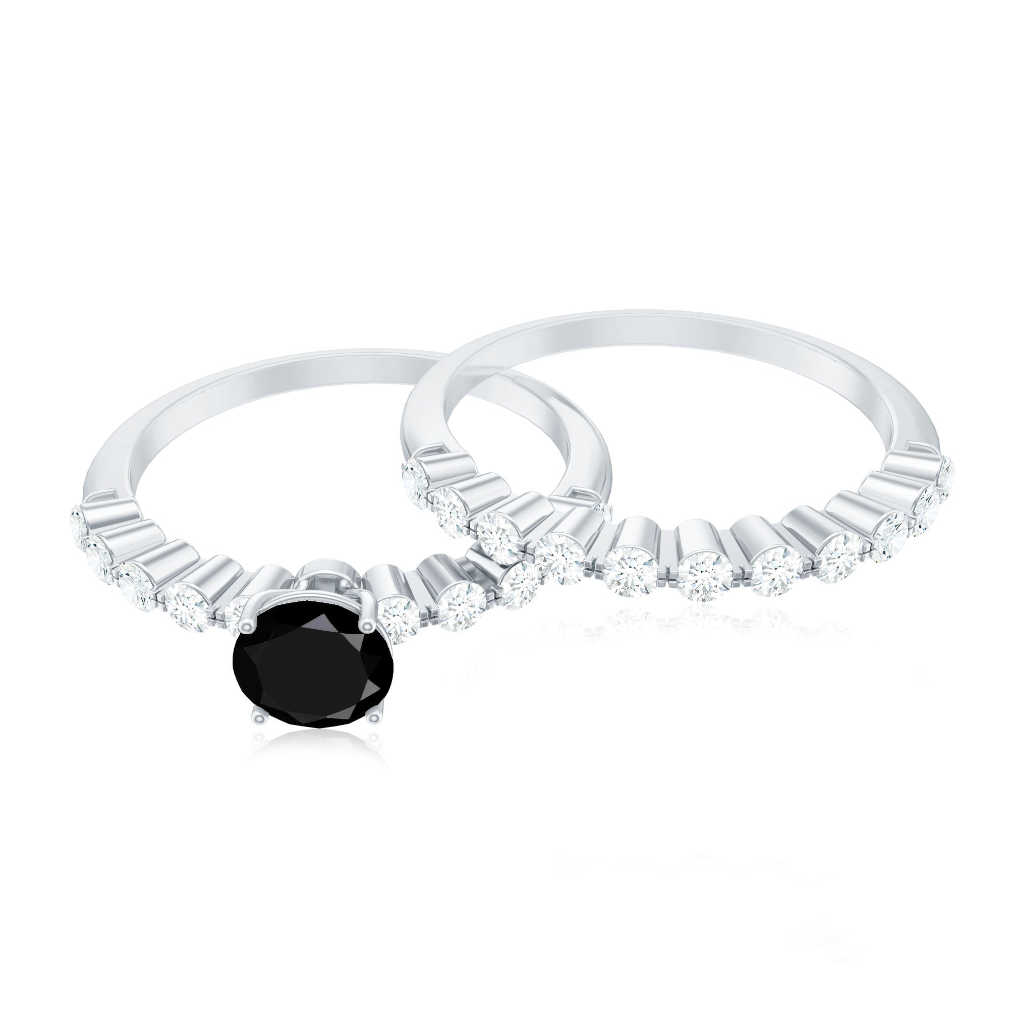 Round Cut Black Onyx and Diamond Stacking Wedding Ring Set AAA - Rosec Jewels