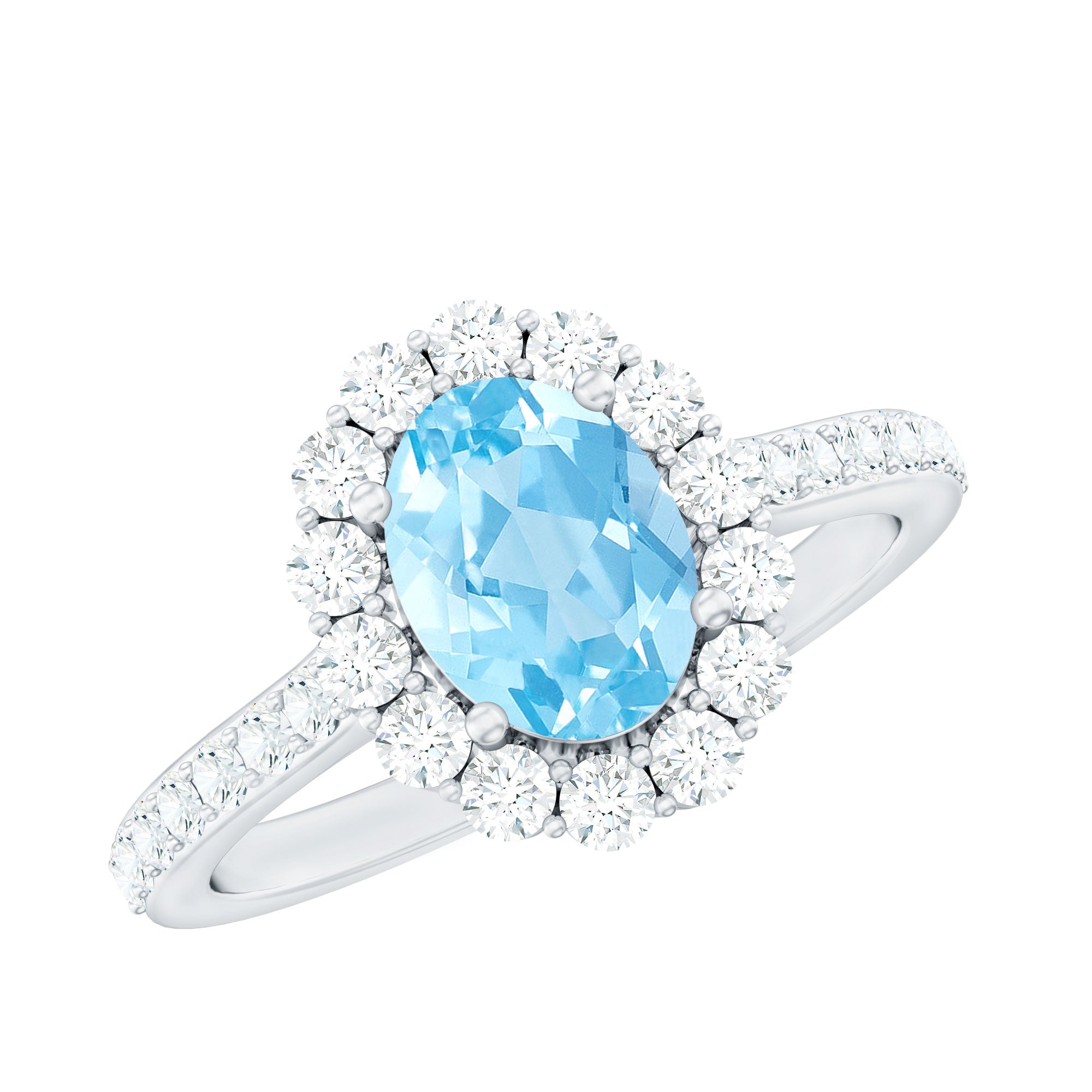 Rosec Jewels-Real 1 Carat Oval Shape Aquamarine Halo Engagement Ring with Certificate