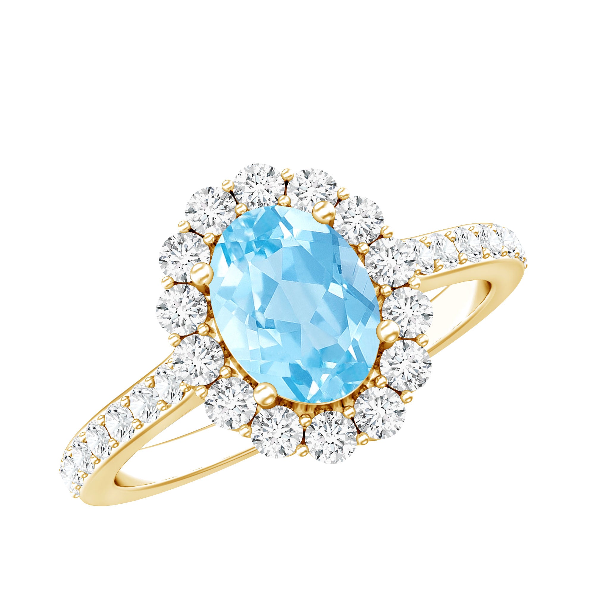 Real 1 Carat Oval Shape Aquamarine Halo Engagement Ring with Certificate AAA - Rosec Jewels