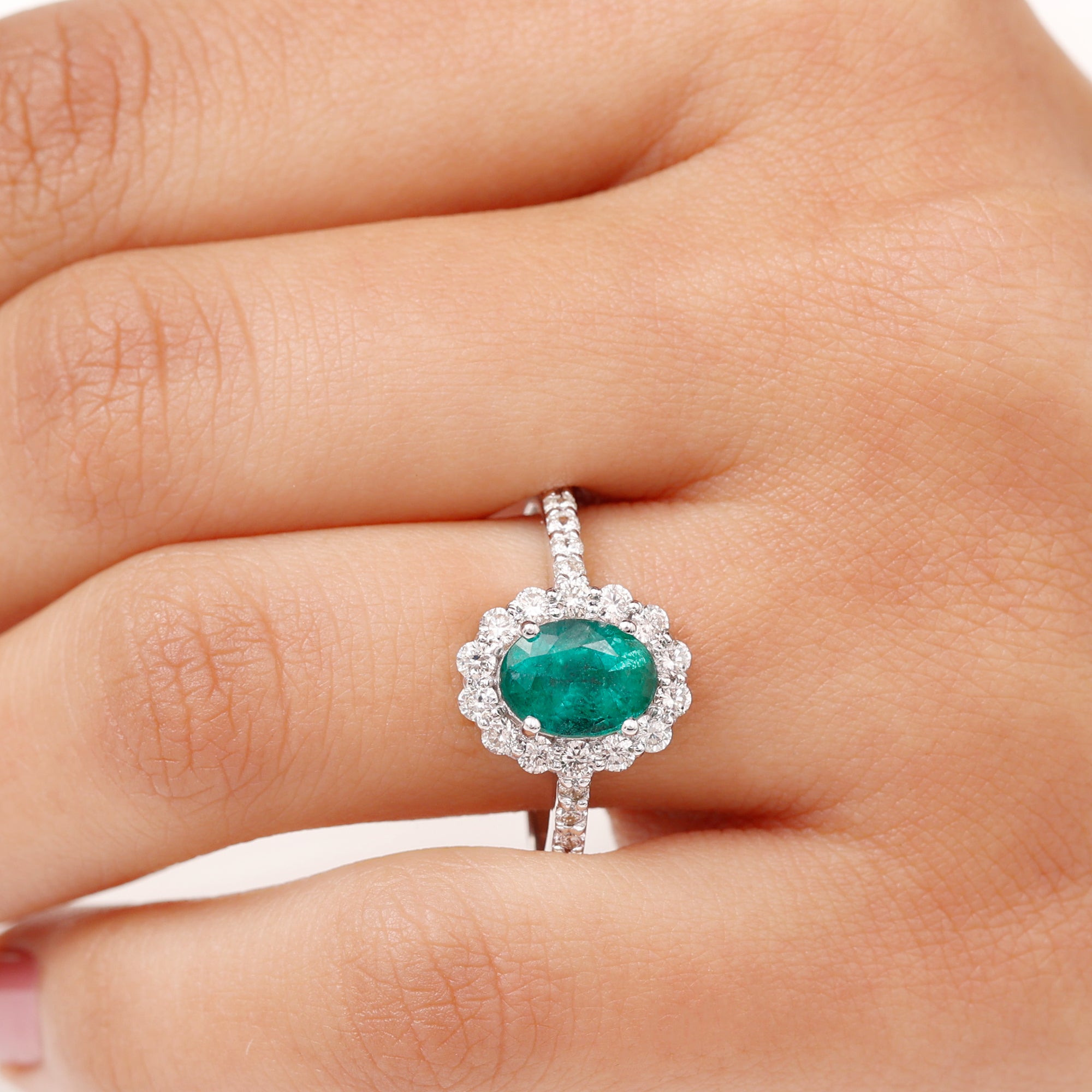 Certified 1.2 Carat Oval Lab Grown Emerald Halo Engagement Ring AAAA - Rosec Jewels