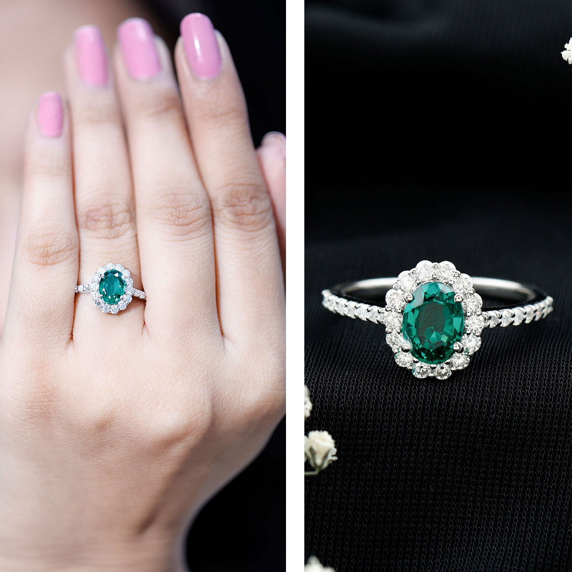 Certified 6X8 mm Oval Lab Grown Emerald Halo Engagement Ring AAAA - Rosec Jewels