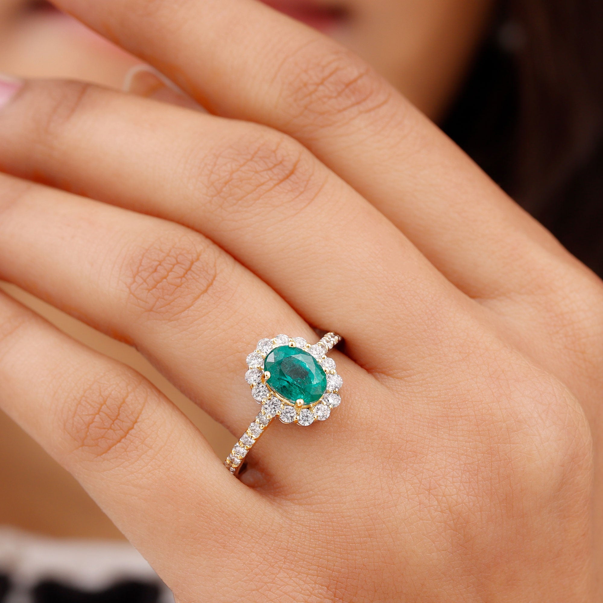 Certified 1.2 Carat Oval Lab Grown Emerald Halo Engagement Ring AAAA - Rosec Jewels