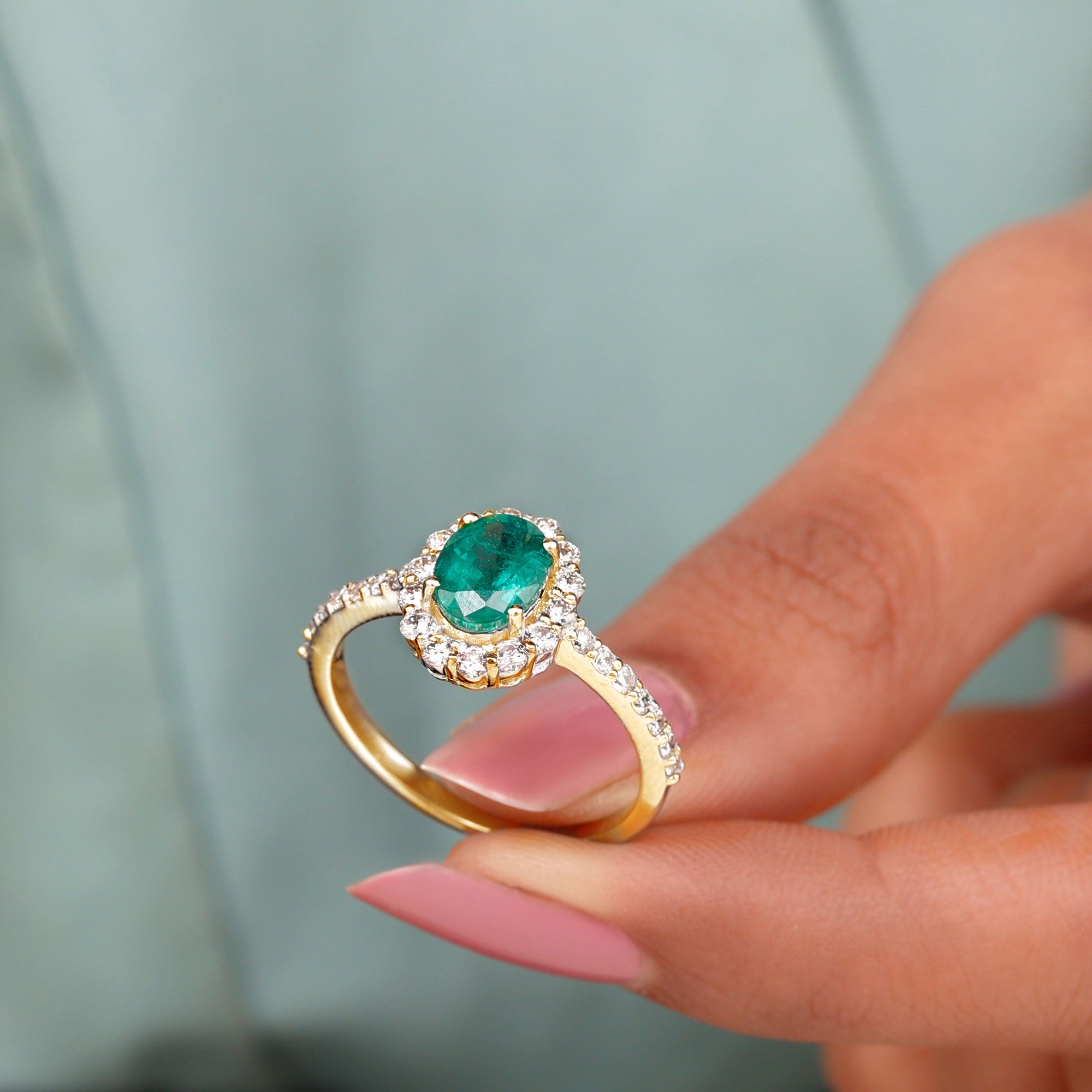 Certified 1.2 Carat Oval Lab Grown Emerald Halo Engagement Ring AAAA - Rosec Jewels