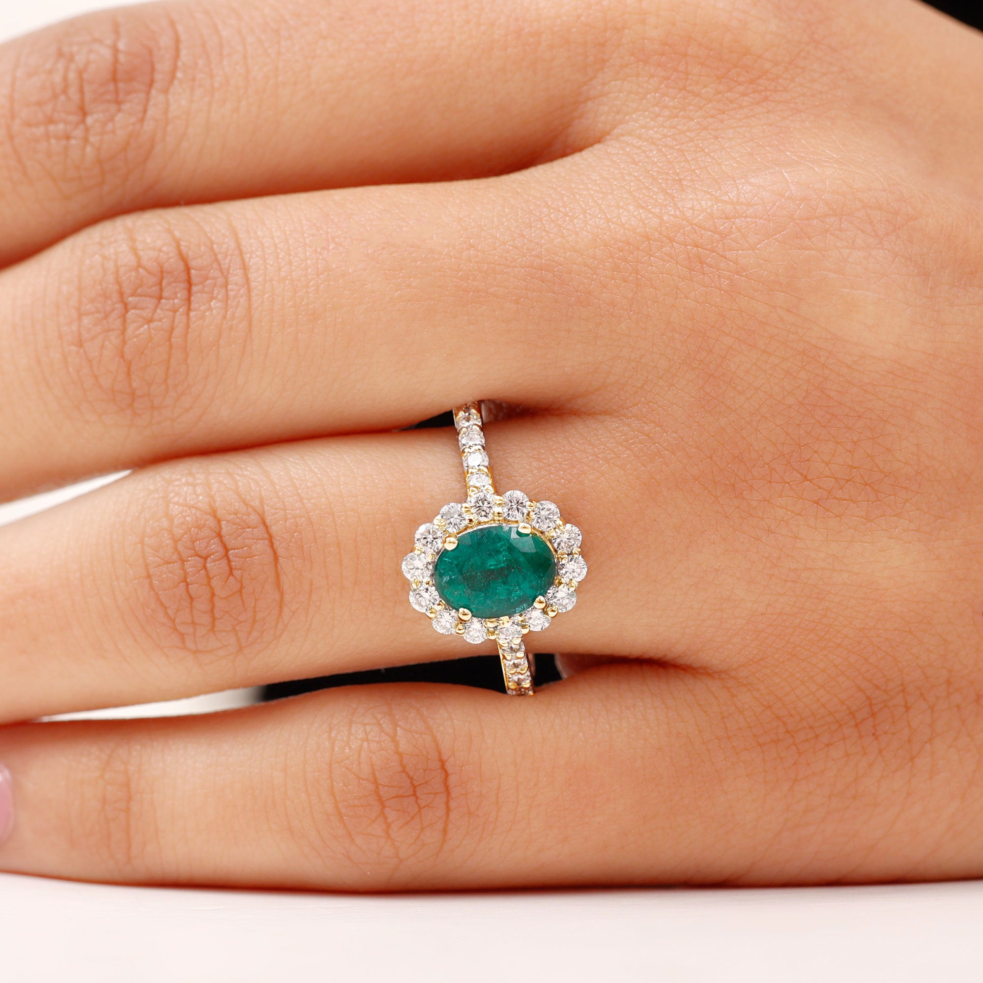 Certified 1.2 Carat Oval Lab Grown Emerald Halo Engagement Ring AAAA - Rosec Jewels