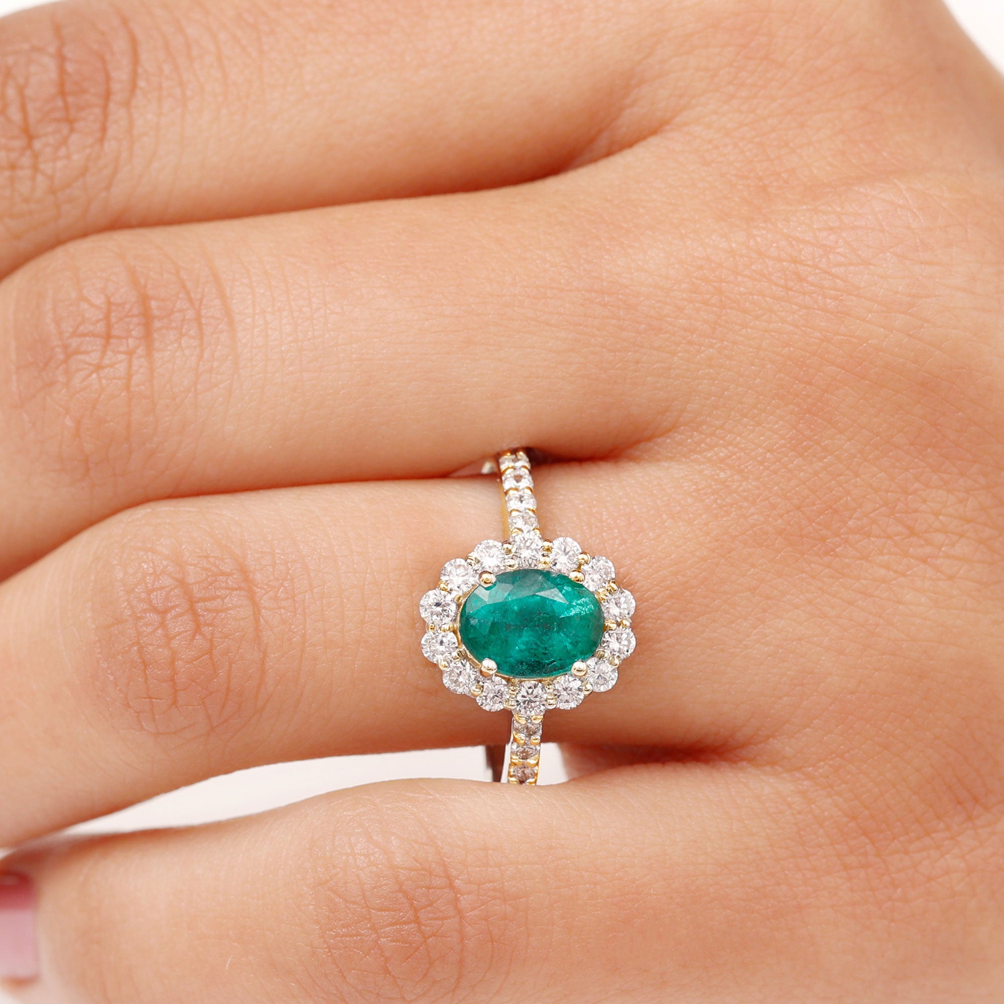 Certified 1.2 Carat Oval Lab Grown Emerald Halo Engagement Ring AAAA - Rosec Jewels