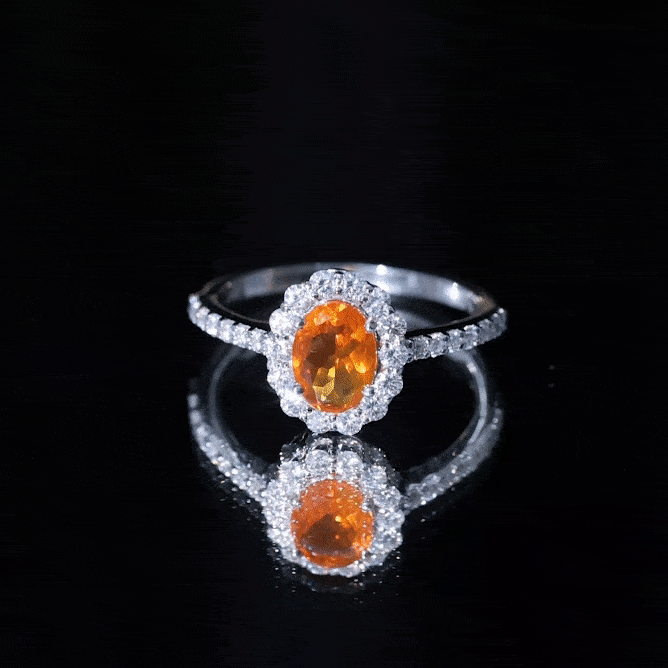 Rosec Jewels-Orange Fire Opal Oval Shape Engagement Ring with Moissanite