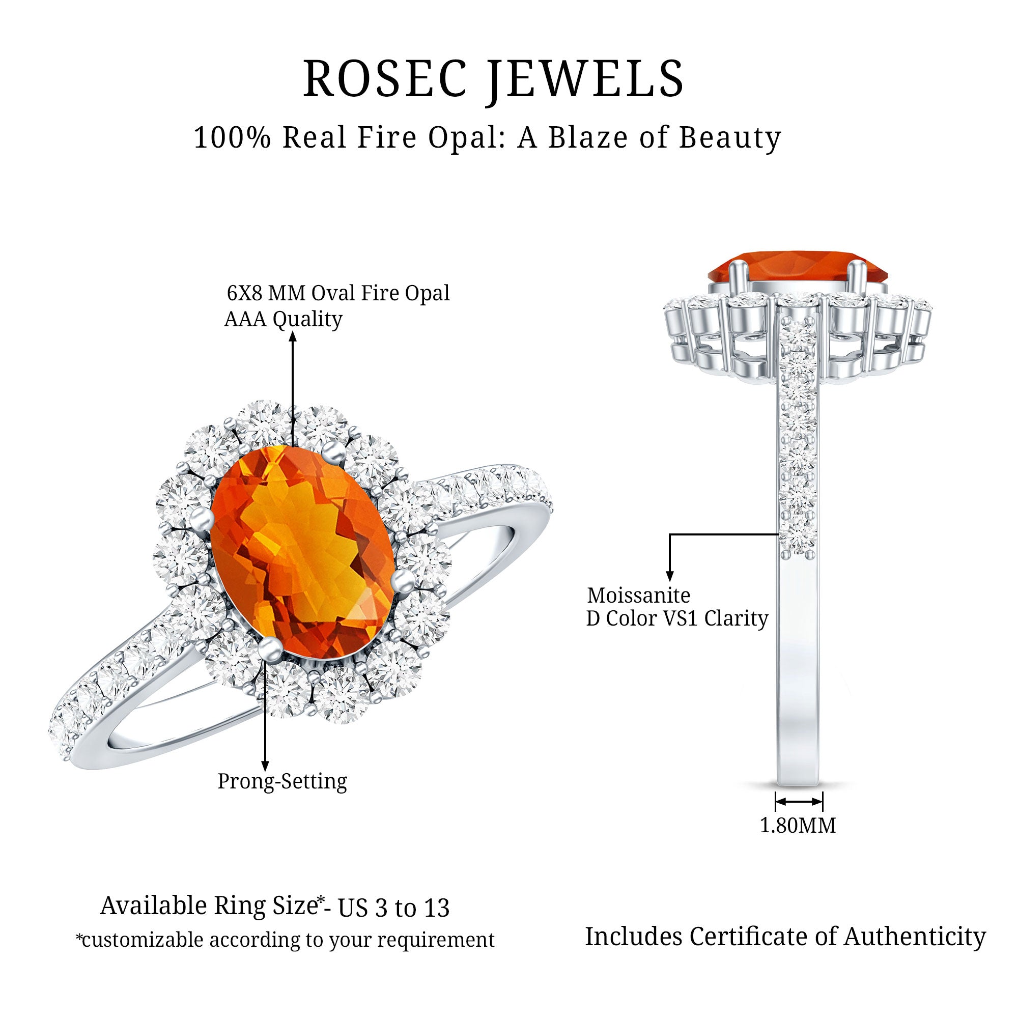 Orange Fire Opal Oval Shape Engagement Ring with Moissanite AAA - Rosec Jewels