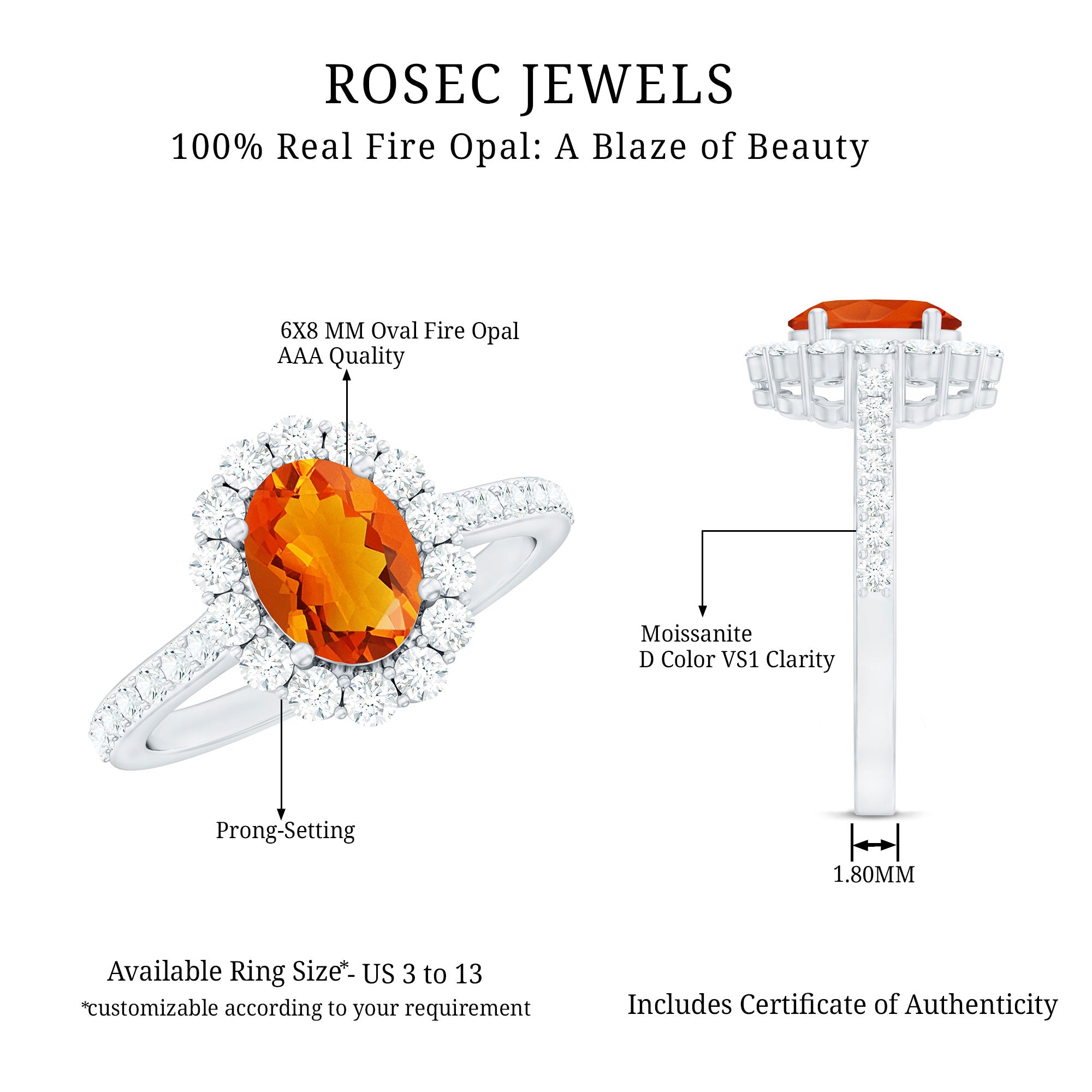 Rosec Jewels-Orange Fire Opal Oval Shape Engagement Ring with Moissanite