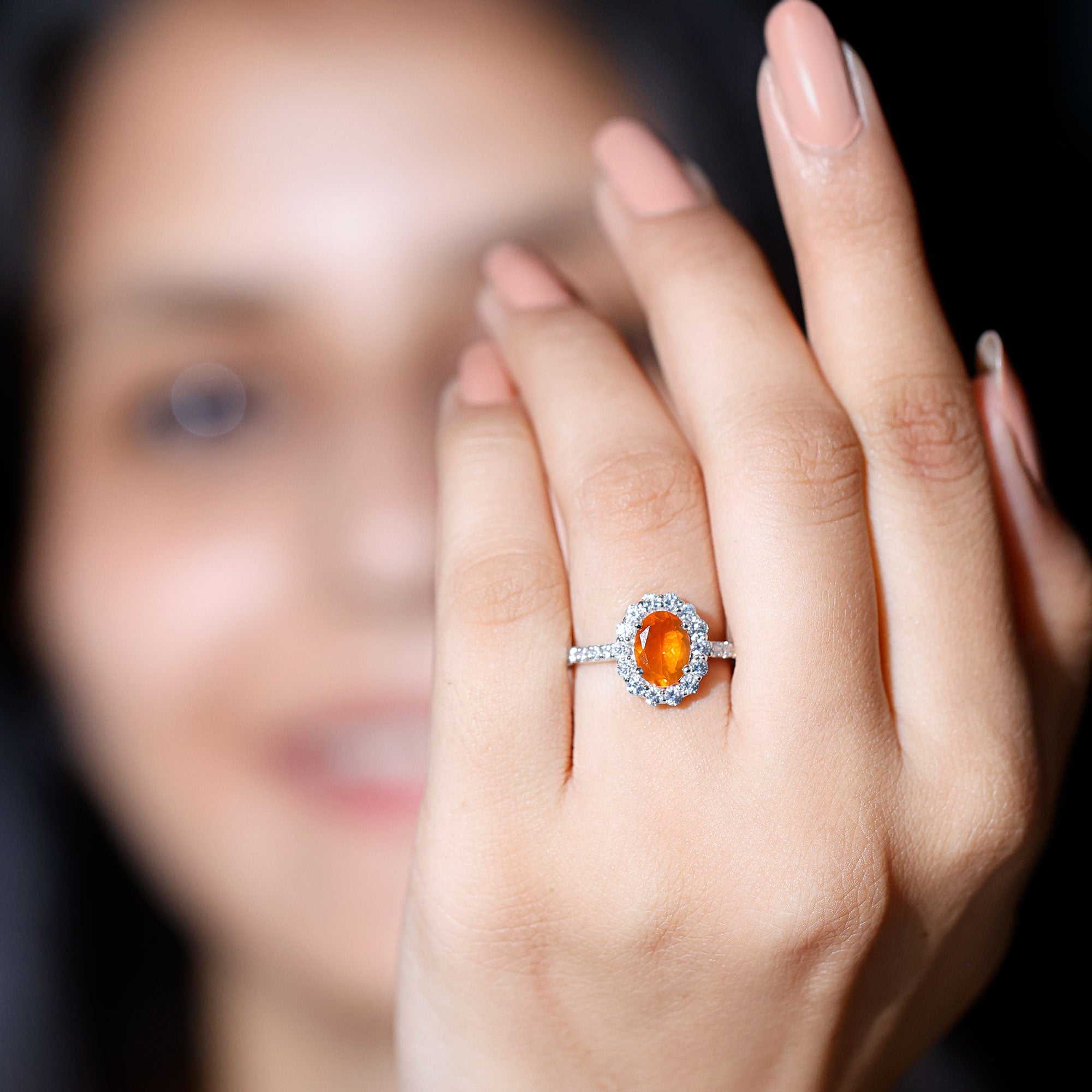 Orange Fire Opal Oval Shape Engagement Ring with Moissanite AAA - Rosec Jewels