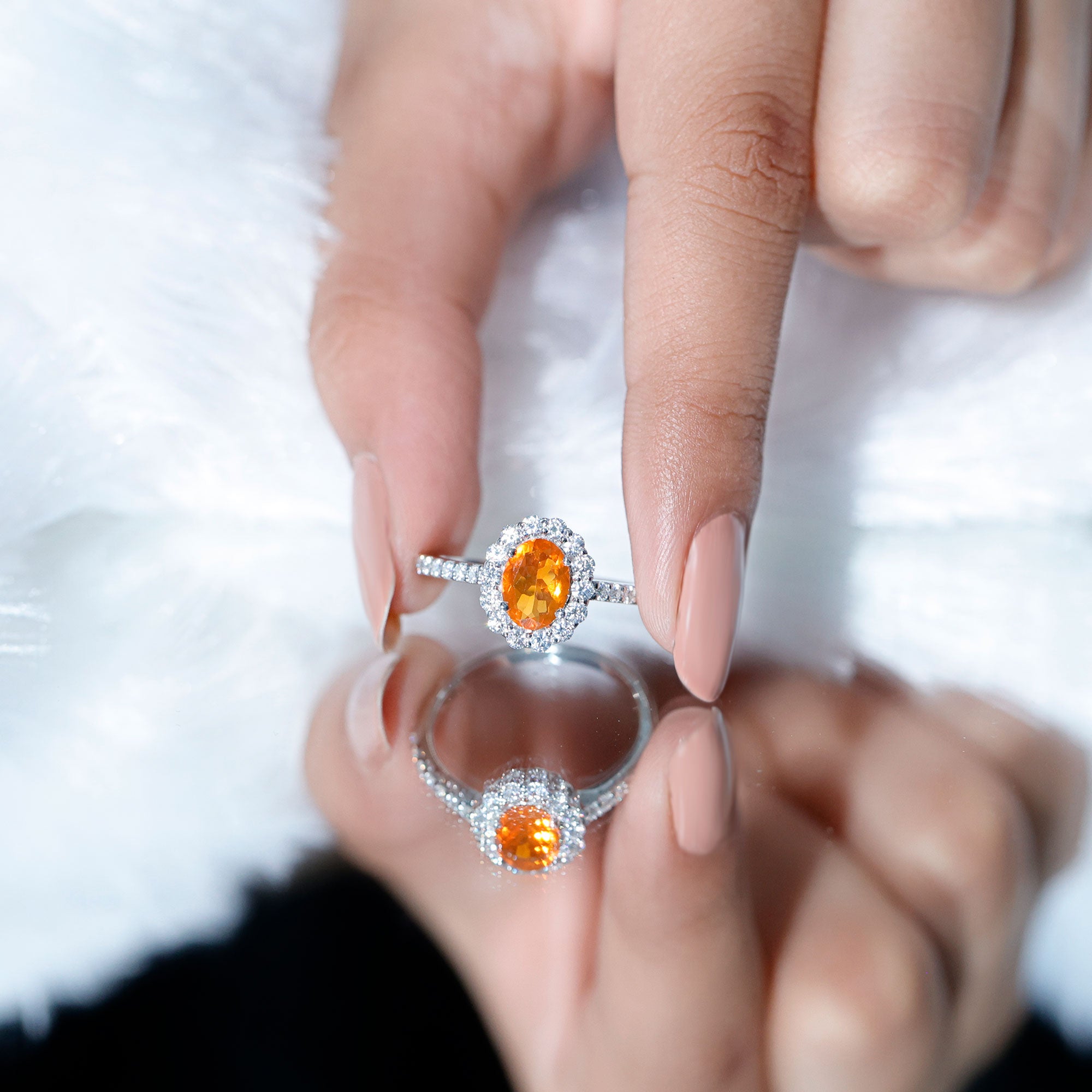 Orange Fire Opal Oval Shape Engagement Ring with Moissanite AAA - Rosec Jewels