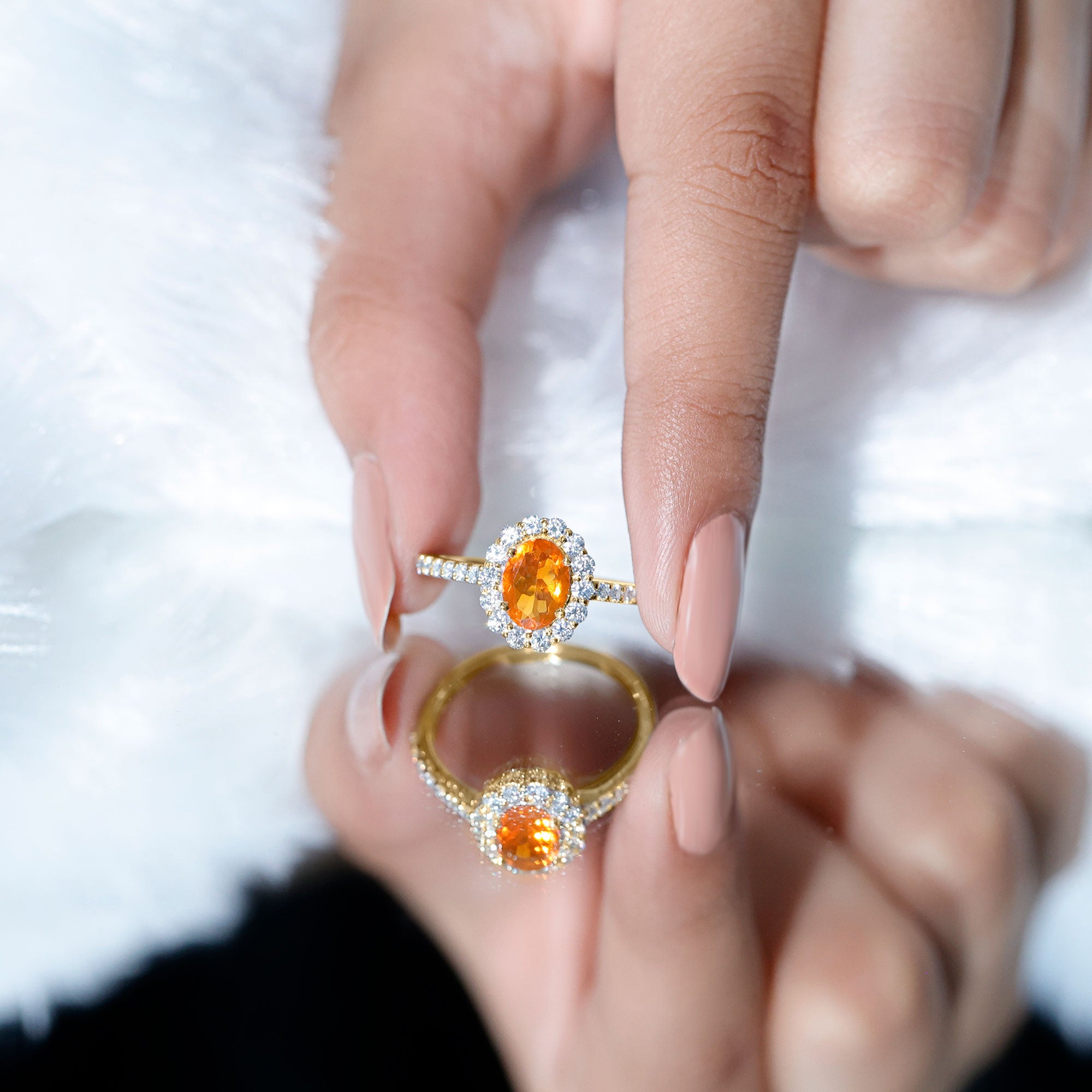 Orange Fire Opal Oval Shape Engagement Ring with Moissanite AAA - Rosec Jewels