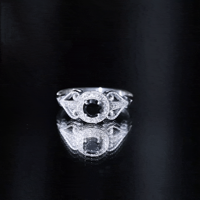 Vintage Inspired Black Spinel and Diamond Engagement Ring AAA - Rosec Jewels