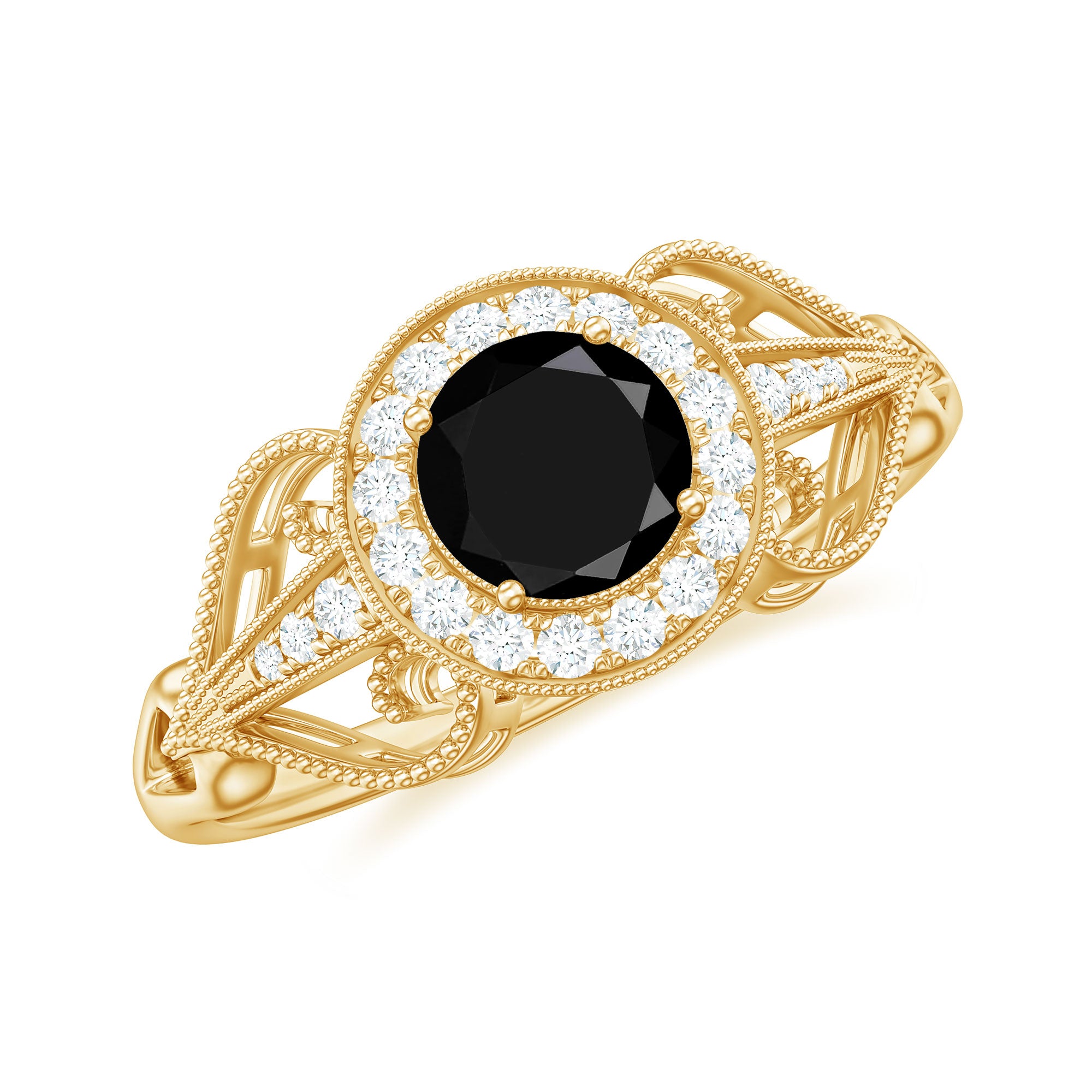 Vintage Inspired Black Spinel and Diamond Engagement Ring AAA - Rosec Jewels