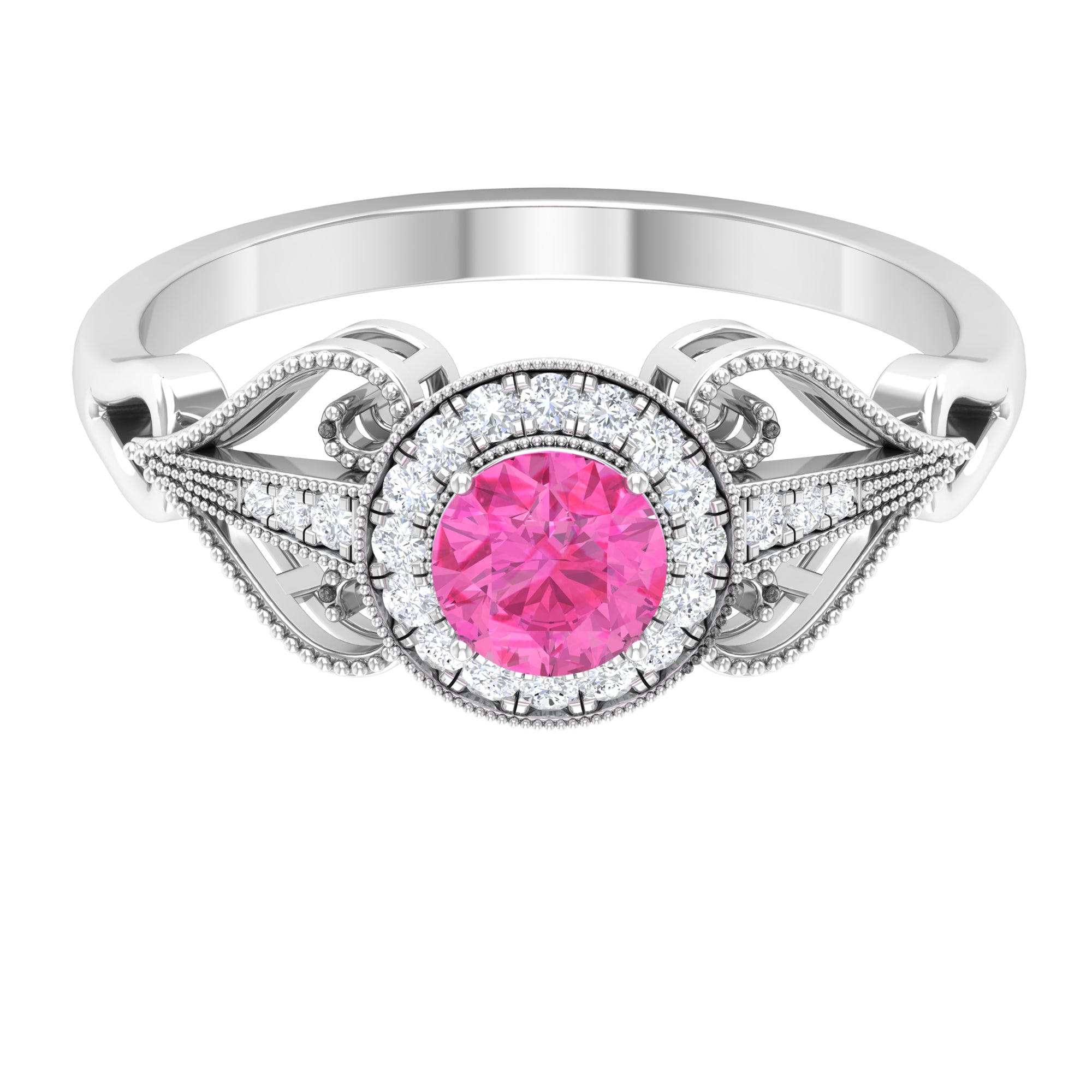 Vintage Pink Sapphire and Diamond Ring with Beaded Detail