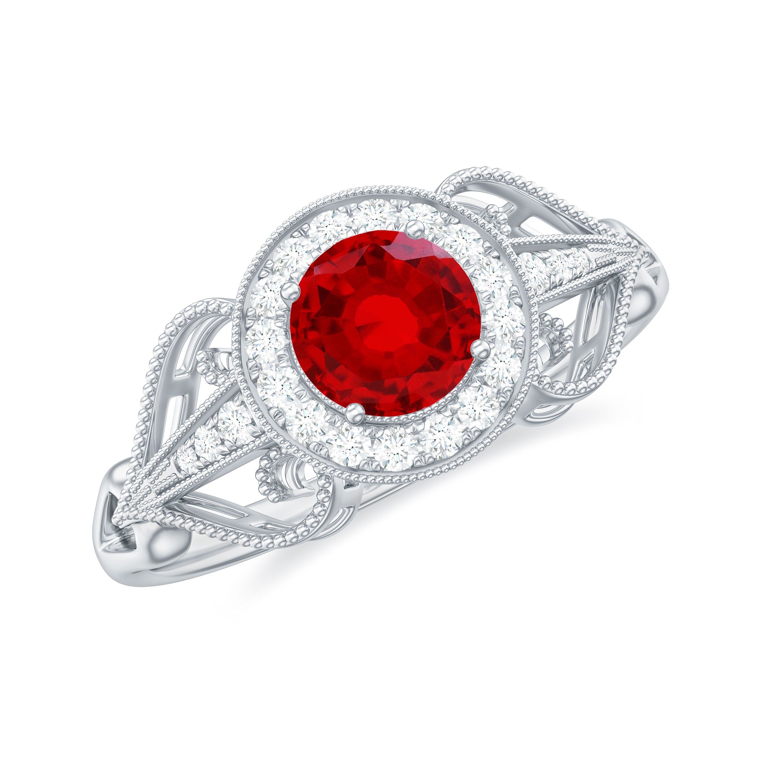 Lab Created Ruby and Diamond Vintage Engagement Ring AAAA - Rosec Jewels