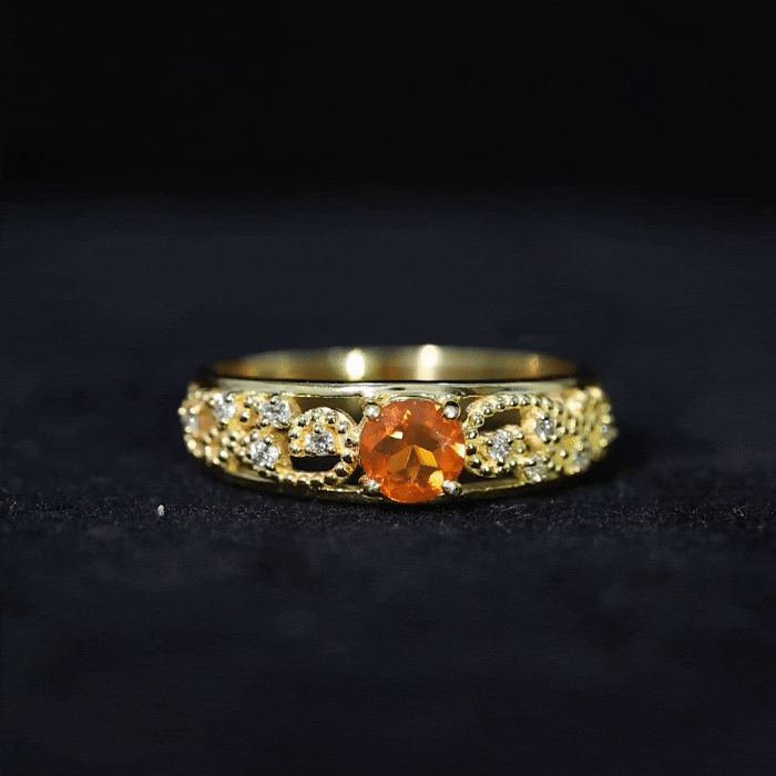 Vintage Style Fire Opal Solitaire Anniversary Band Ring with Diamond AAA - Rosec Jewels