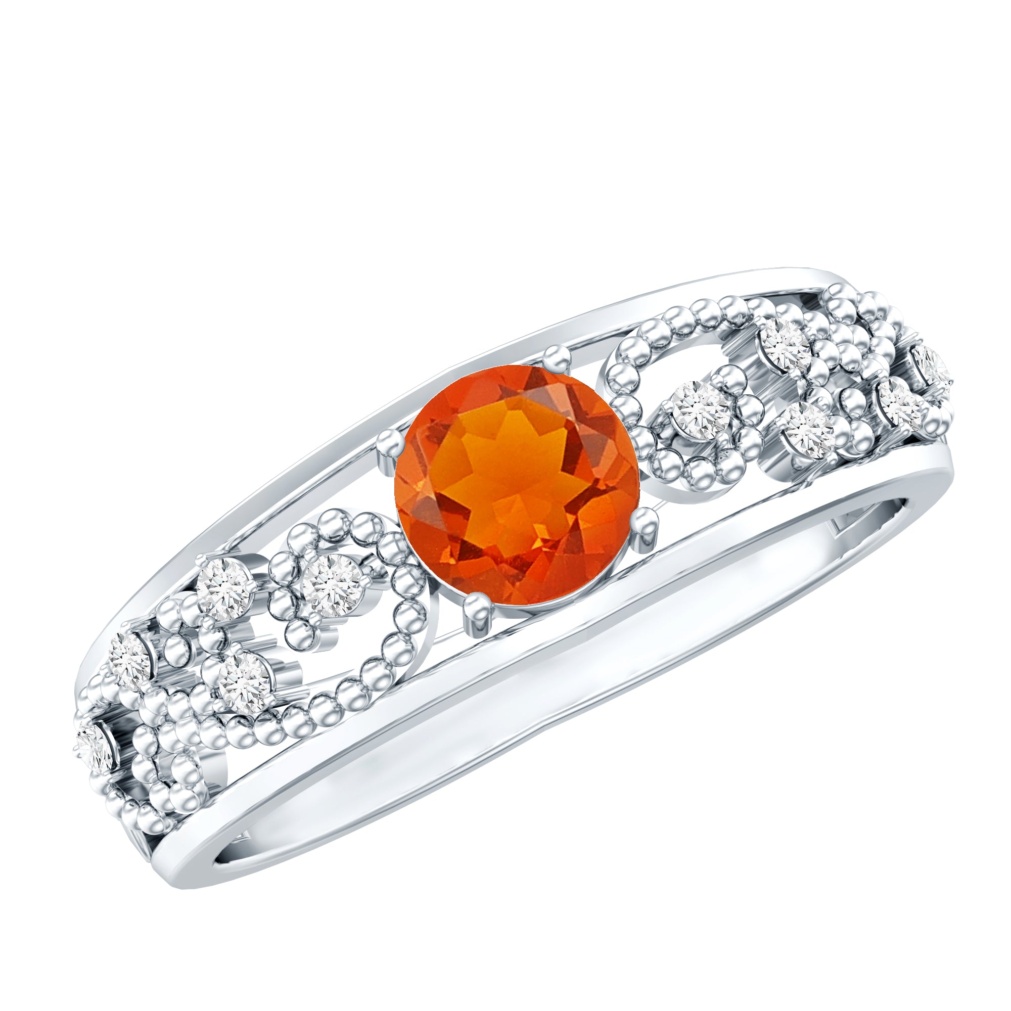 Vintage Style Fire Opal Solitaire Anniversary Band Ring with Diamond AAA - Rosec Jewels