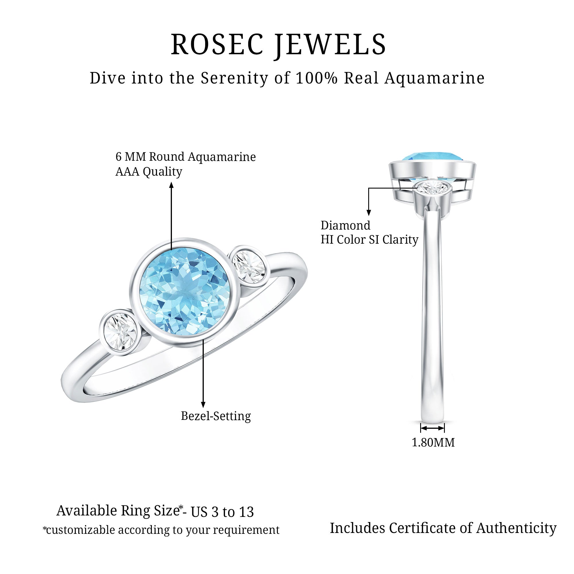 Bezel Set Real Aquamarine Diamond Engagement Ring with Certificate AAA - Rosec Jewels