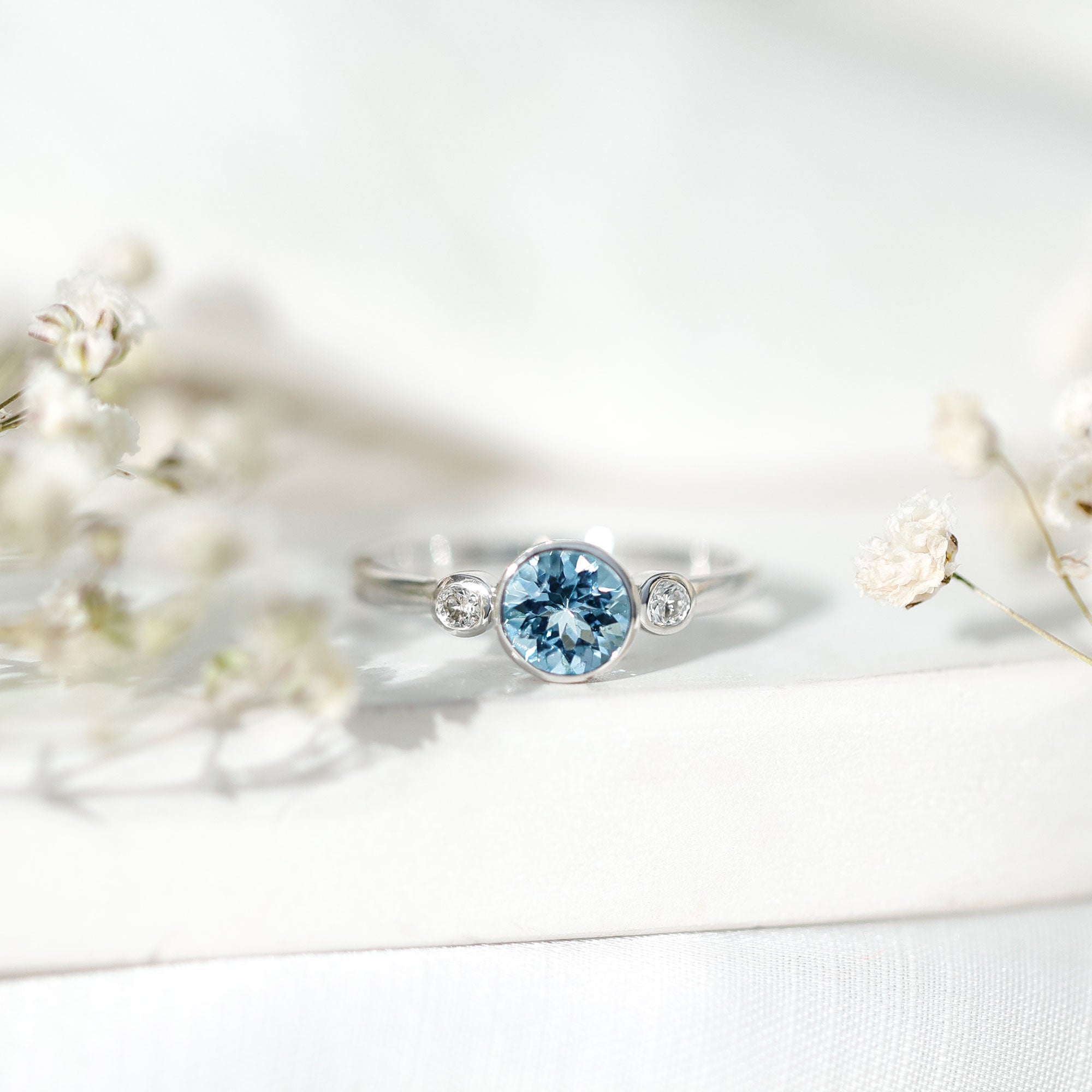 Bezel Set Real Aquamarine Diamond Engagement Ring with Certificate AAA - Rosec Jewels