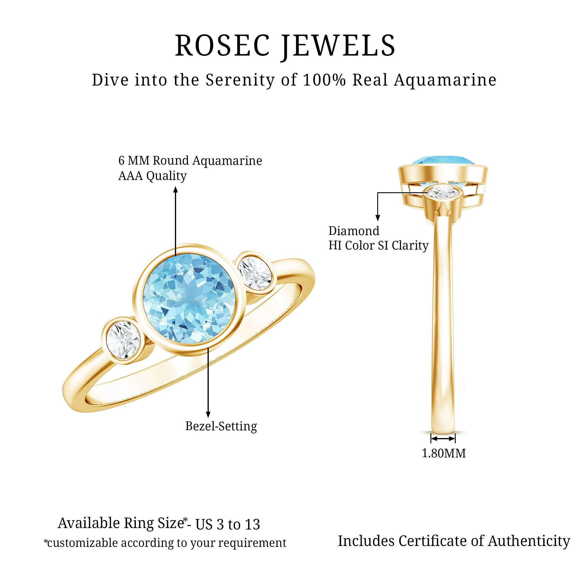 Bezel Set Real Aquamarine Diamond Engagement Ring with Certificate AAA - Rosec Jewels