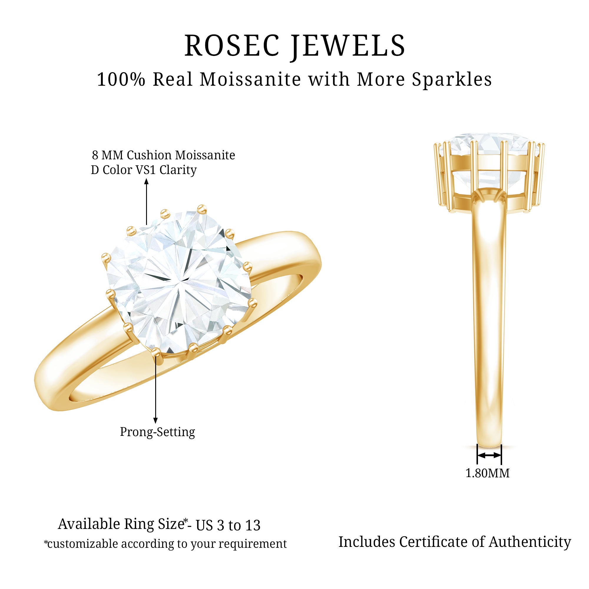 Certified 8 MM Cushion Cut Moissanite Solitaire Engagement Ring D-VS1 - Rosec Jewels
