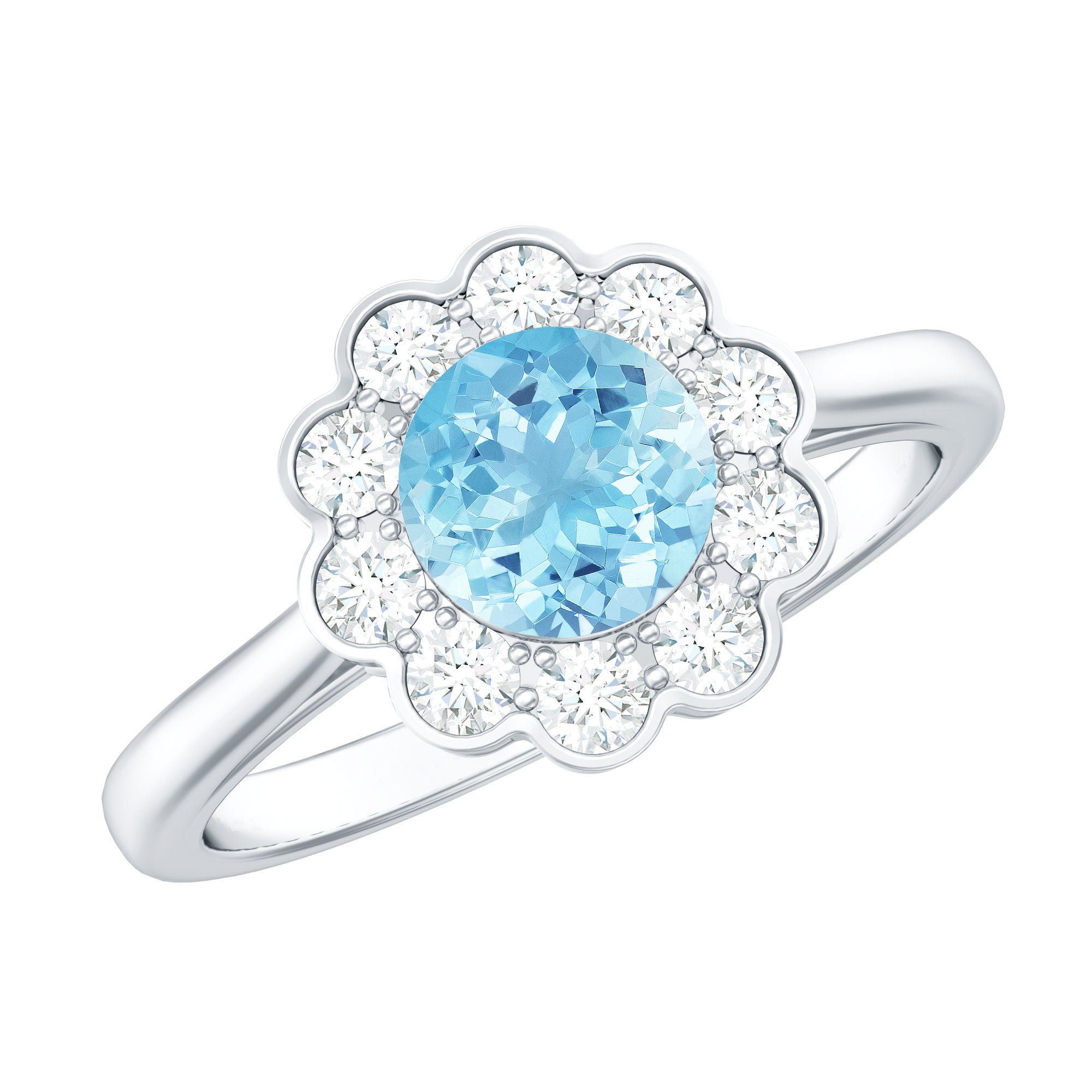 Certified 0.8 Carat Real Aquamarine Engagement Ring with Diamond Flower Halo AAA - Rosec Jewels