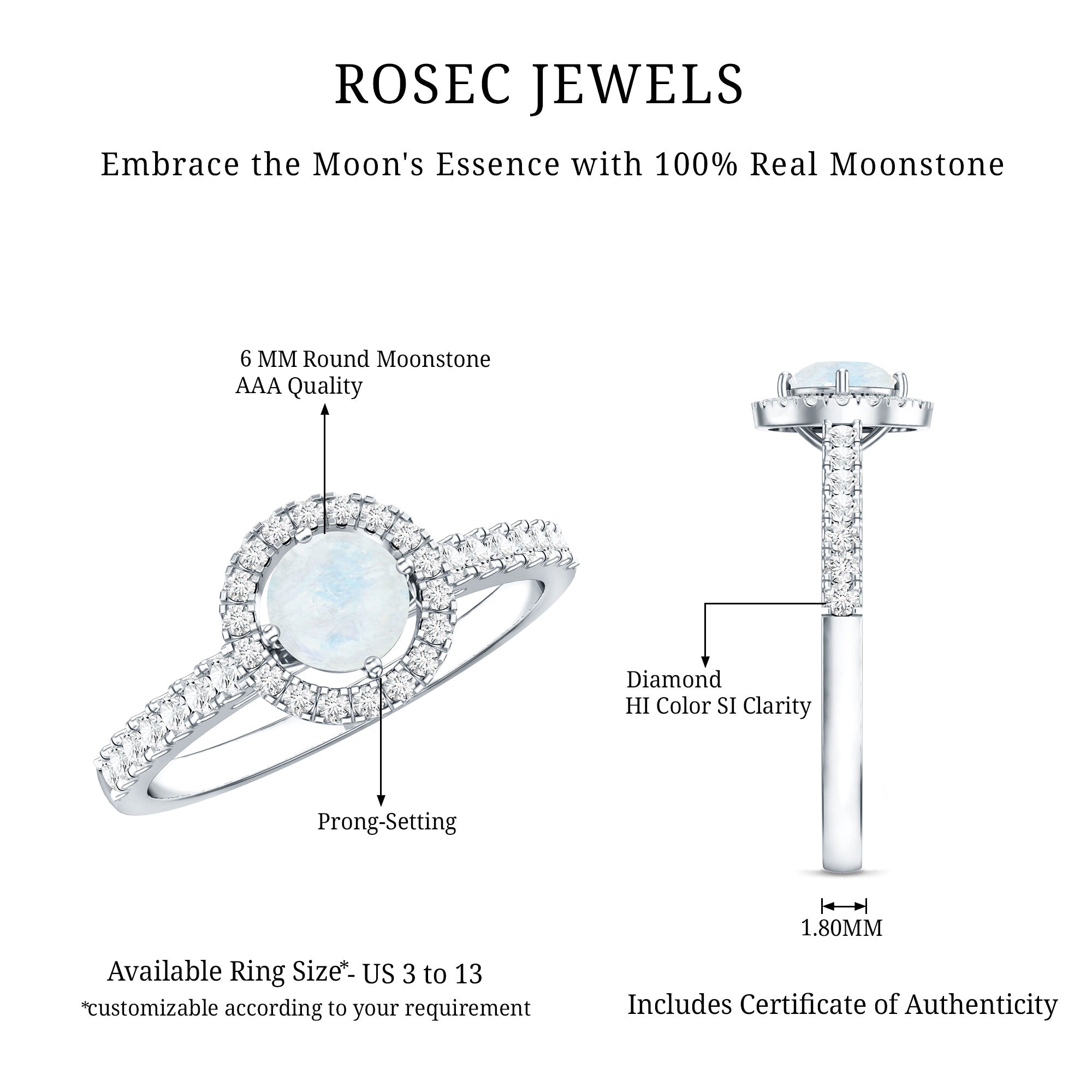 Certified Round Moonstone Halo Engagement Ring With Diamond Accent AAA - Rosec Jewels