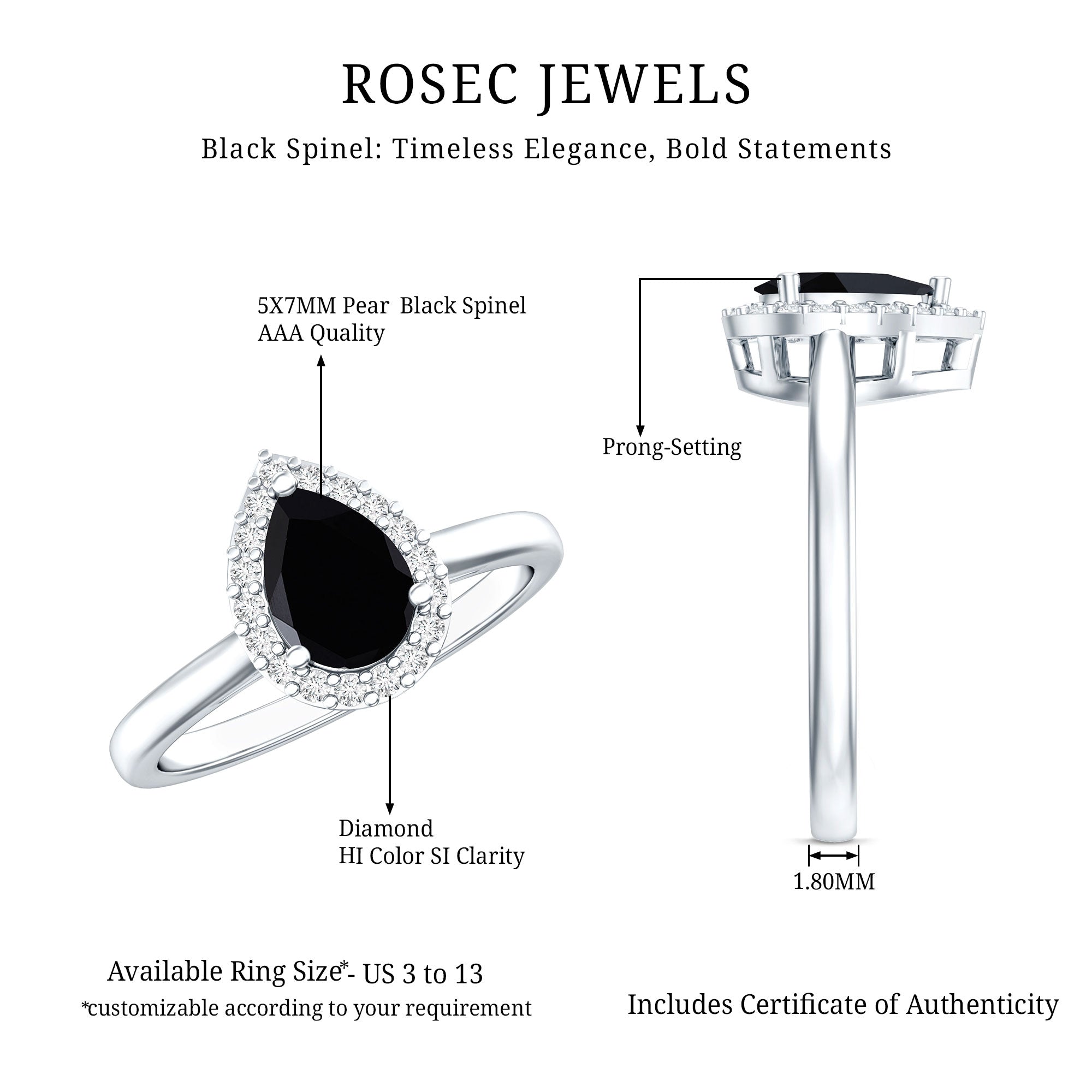 Certified Real Black Spinel Teardrop Engagement Ring with Diamond Halo AAA - Rosec Jewels